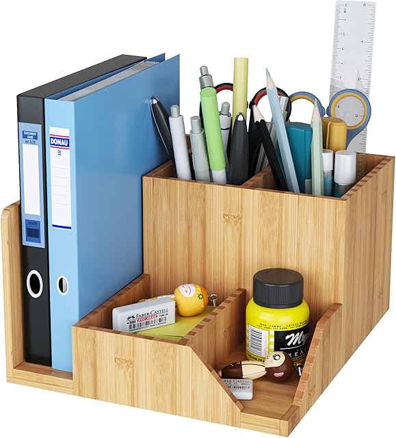 Bamboo Desk Tidy Organizer Office Organizer with 5 Compartments Pen Organizer Storage Box Pen Holder File Folder for Office Study School 21.4x18.4x11.2 cm