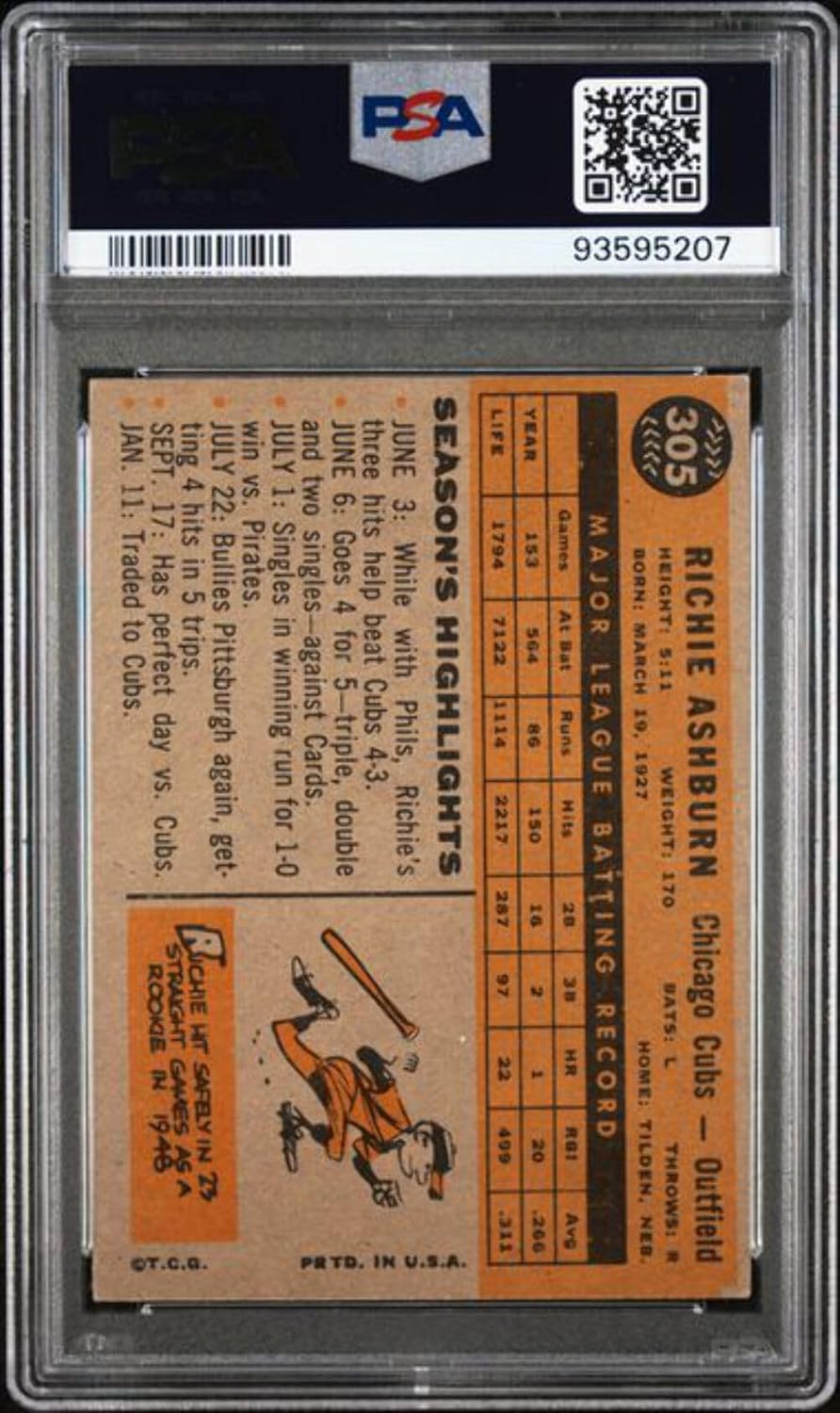 Graded 1960 Topps Richie Ashburn #305 Baseball Card PSA 4 VG-EX