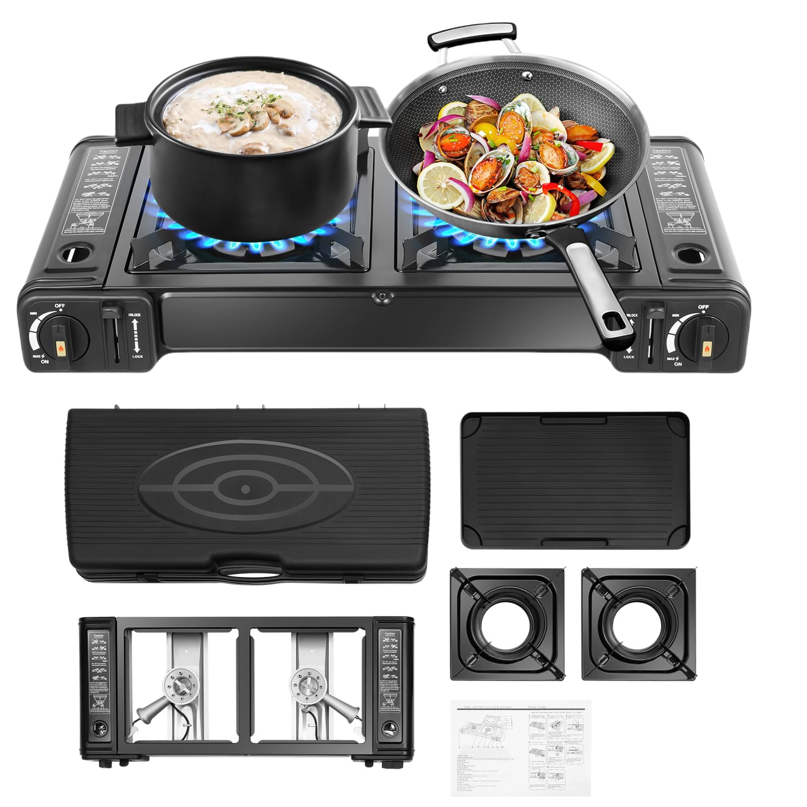 Réchaud à Gaz Portable à 2 Flammes - 2 × 1,15 kW - Avec Boîte de Rangement et Plaque de Cuisson Antiadhésive, Faible Consommation de Gaz, Propre Allumeur de Tension
