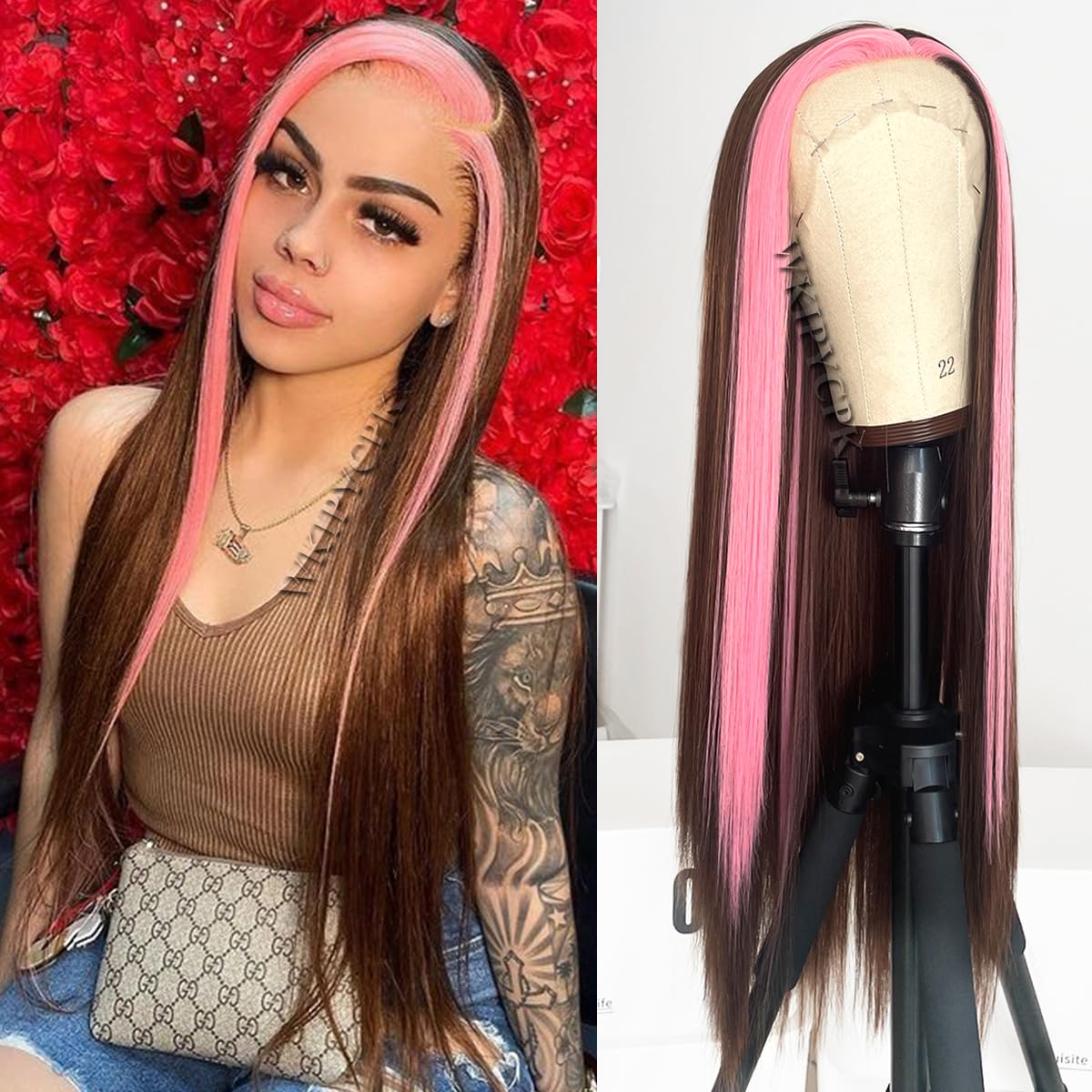 Amazon.com : WKIPYCPK Pink Skunk Stripe Lace Front Wig Brown  display picture 2