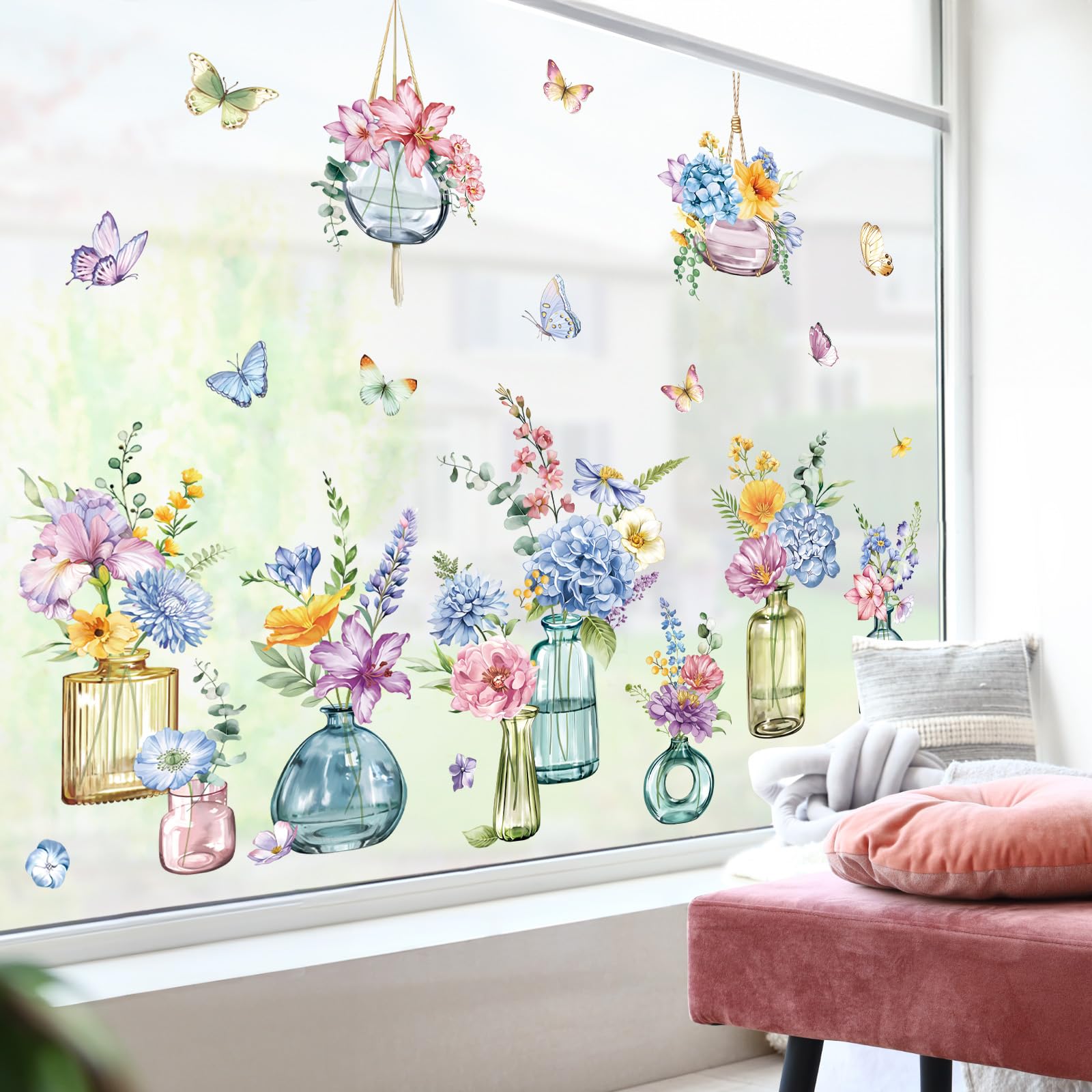 decalmile Spring Summer Potted Flowers Vase Window Clings Double Sided Blue Purple Wildflower Butterflies Window Decals Anti-Collision Glass Window Doors Window Stickers - Image 2