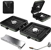 Vista 11 de Estufa de camping de propano de 2 quemadores, estufa de gas plegable portátil para acampar con 17200 BTU, dos quemadores ajustables con mango