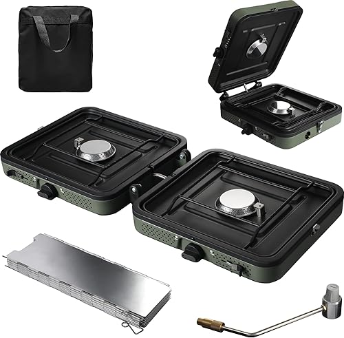 Miniatura 11 de Estufa de camping de propano de 2 quemadores, estufa de gas plegable portátil para acampar con 17200 BTU, dos quemadores ajustables con mango de