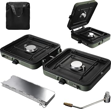 2 Burner Camping Stove with Windscreen, 12 Plates Foldable Portable Aluminum Camping Stove Windshield, Folding Gas Stove with 17200 BTU Adjustable Burners, Suitable for Propane & Butane