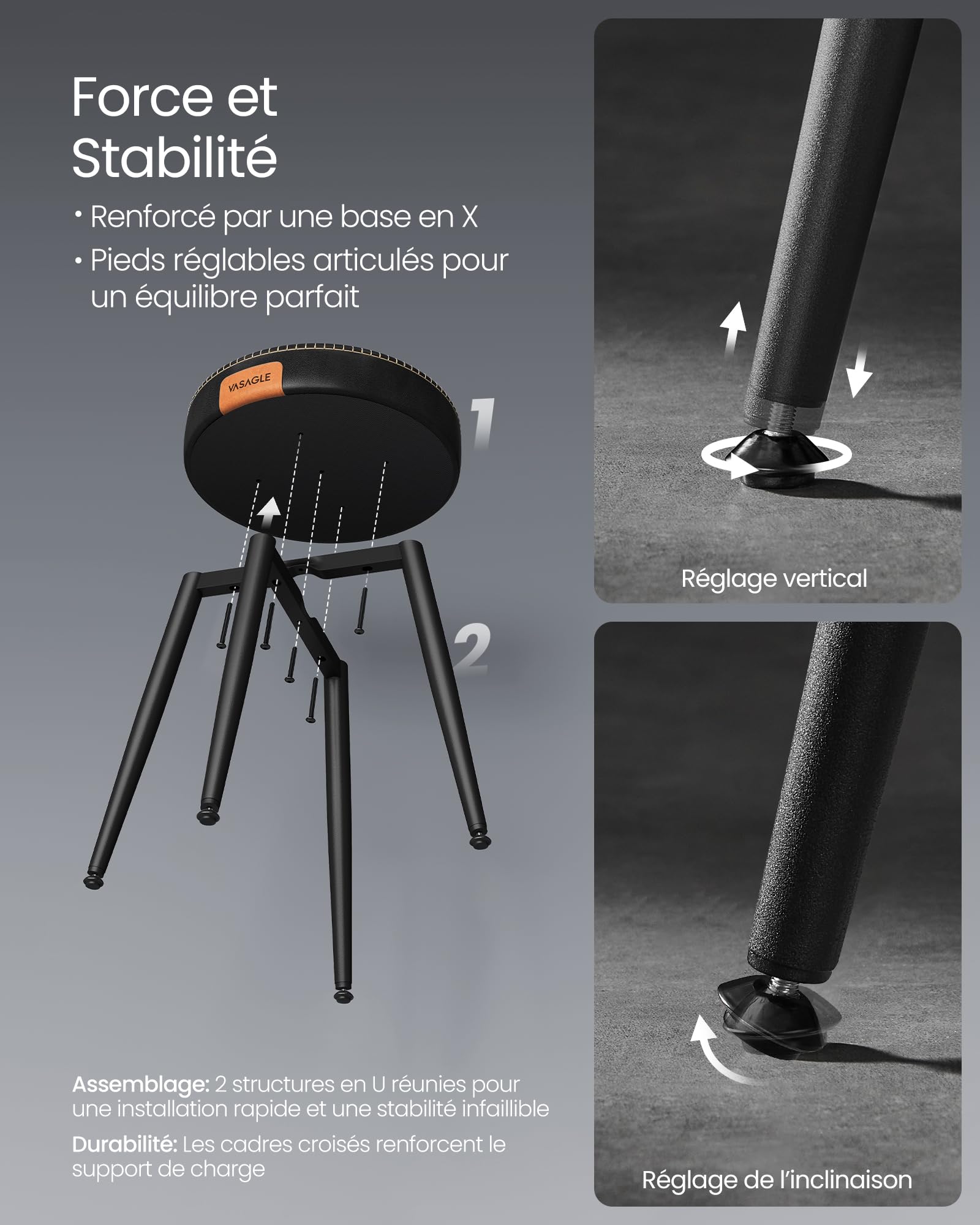 VASAGLE EKHO Collection - Tabouret de Salle à Manger, Lot de 2, Chaise de Cuisine, Siège Rembourré, PU avec Coutures, Style Moderne Mi-siècle, Hauteur 48,2 cm, Salon, Noir d'encre LDC170BH01V1