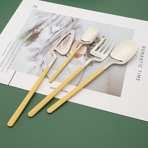 Miniatura 10 de Juego de cubiertos de plata cepillada para 8, juego de cubiertos mate de 32 piezas con asas de colores, juego de vajilla de acero inoxidable 1810,