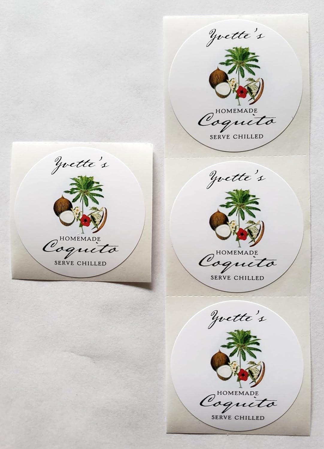 Personalized COQUITO (Hibiscus) Labels with Graphic of Coconut, Vanilla Bean, Palm Tree and Hibiscus - Sets of 18 Labels (2" Round)