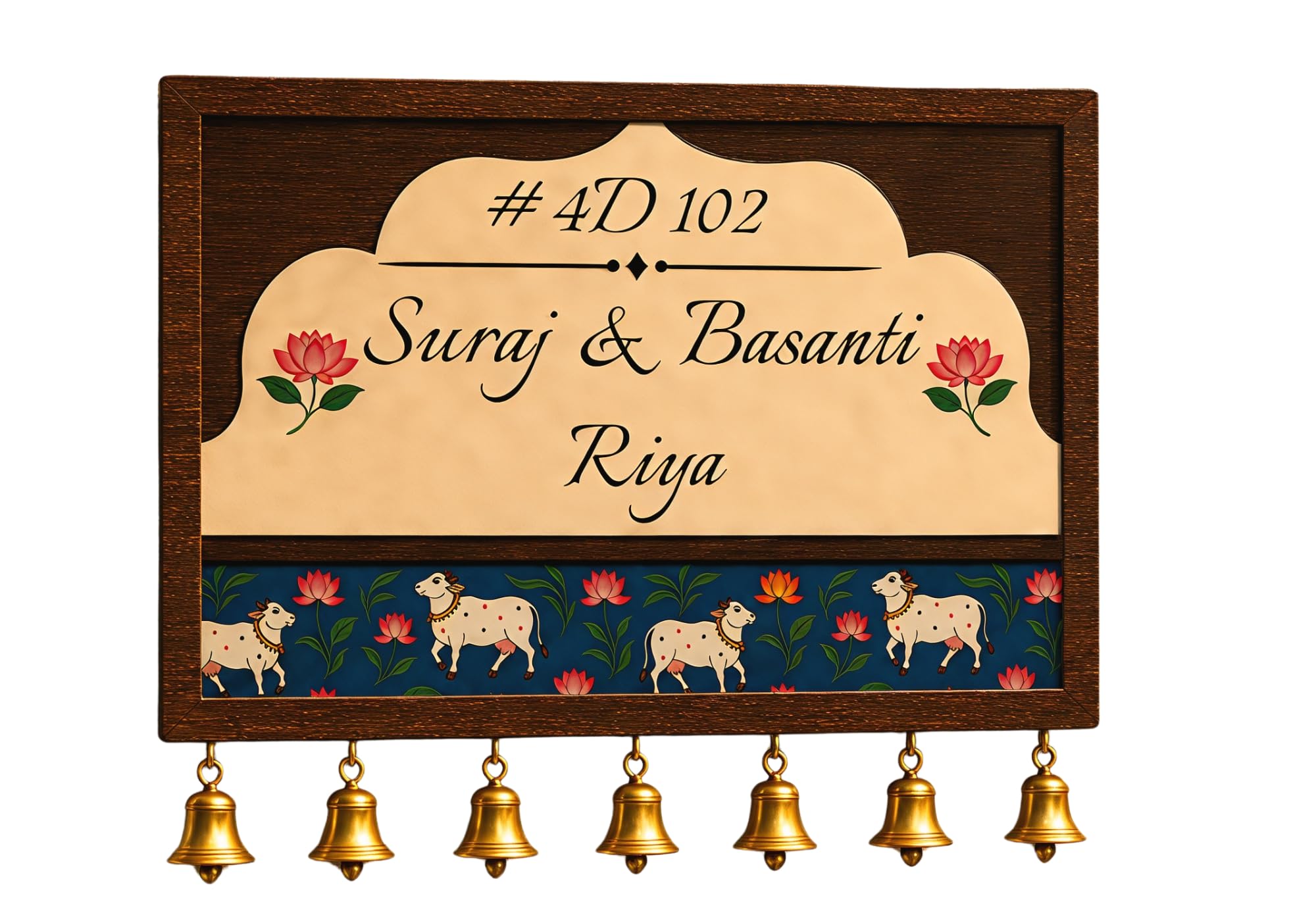 Webelkart Wooden Customised House Name Plate With Golden Bell For Home Entrance Outdoor - Door name plates | Name Plate Office Entrance (14 x 10 inches) Customized name plate (Cow Designs)