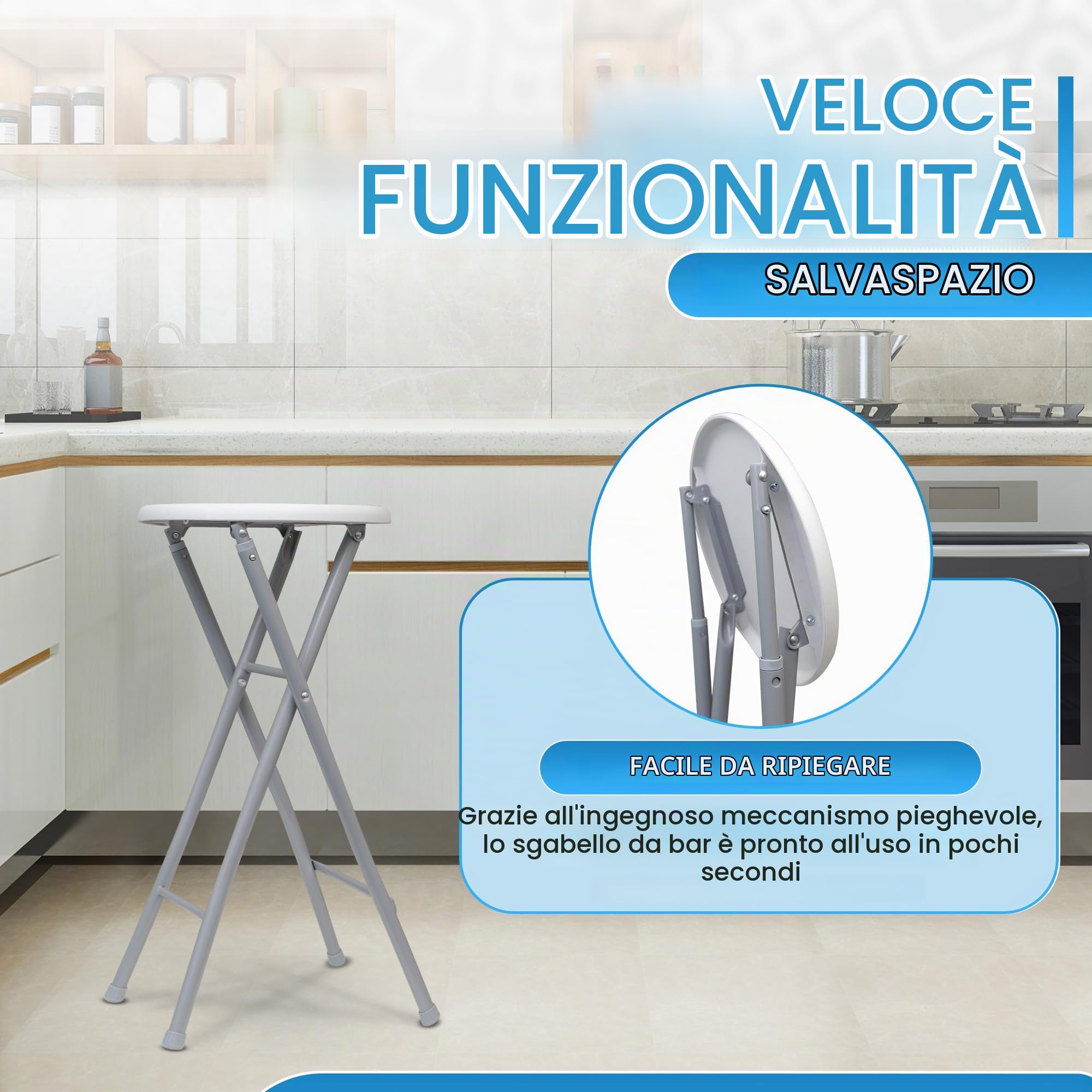 DRULINE Sgabello Bar Pieghevole in Metallo Altezza Seduta 70,5 cm Bianco Grigio - Bianco, 1x