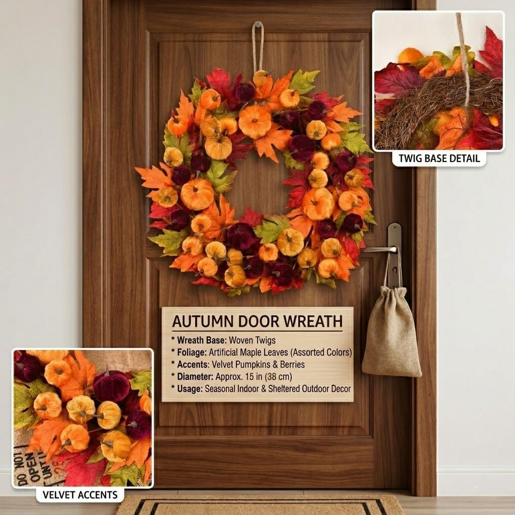 Fall Wreath for Front Door Autumn Pumpkin Maple Leaf Decor Artificial Harvest Festival Decoration Indoor Outdoor Home Wall Entryway Thanksgiving Ornament