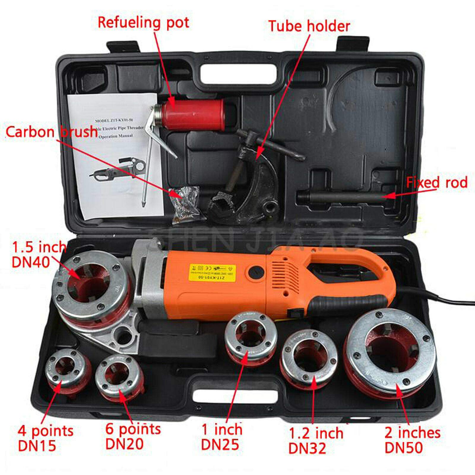 Elektryczny nawlekacz do rury, 2300 W, 50 Hz, 25 obr./min, elektryczny, 6 matryc, zestaw do cięcia gwintów do 1/2, 3/4, 1, 1-1/4, 1-1/2, 2 nożyce do gwintów rurowych