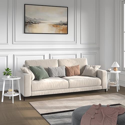 Miniatura 7 de Mesa auxiliar, pequeña mesa auxiliar redonda con estante de almacenamiento para espacio pequeño, mesita de noche de 2 niveles, mesa de sofá, mesa