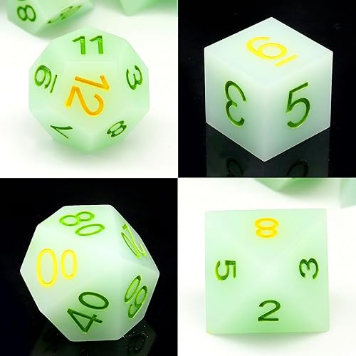 Miniatura 2 de DND - Juego de dados con bordes afilados, 7 piezas de dados DND verde fluorescente, dados poliédricos D&D de resina con estuche de dados para juegos