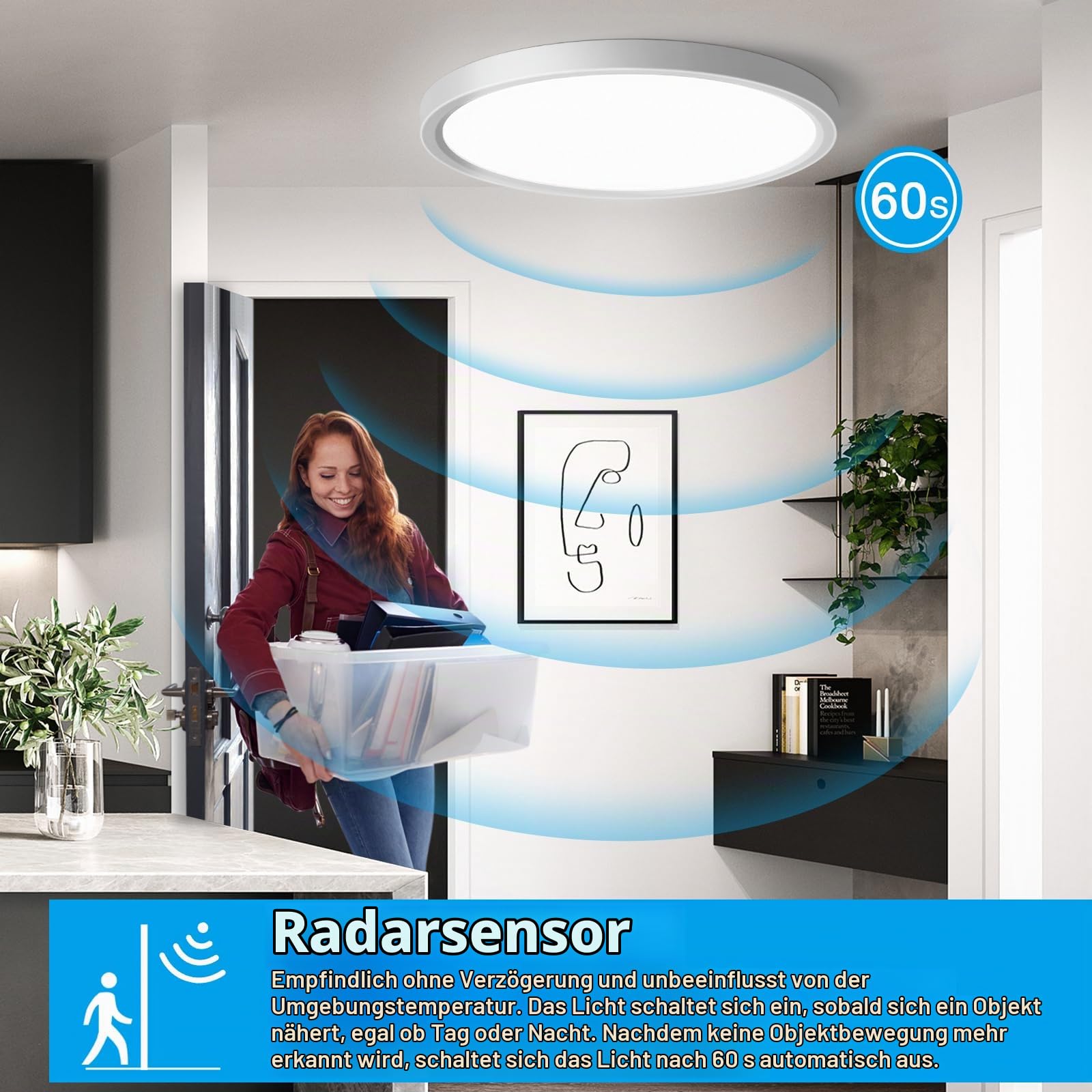 LED Deckenleuchte Mit Radar Bewegungsmelder, 24W 2400LM Innen Rund, 4000K Deckenlampe als Flurlampe, Balkon/Garage Lampe, Ø30CM [2 Stücke]