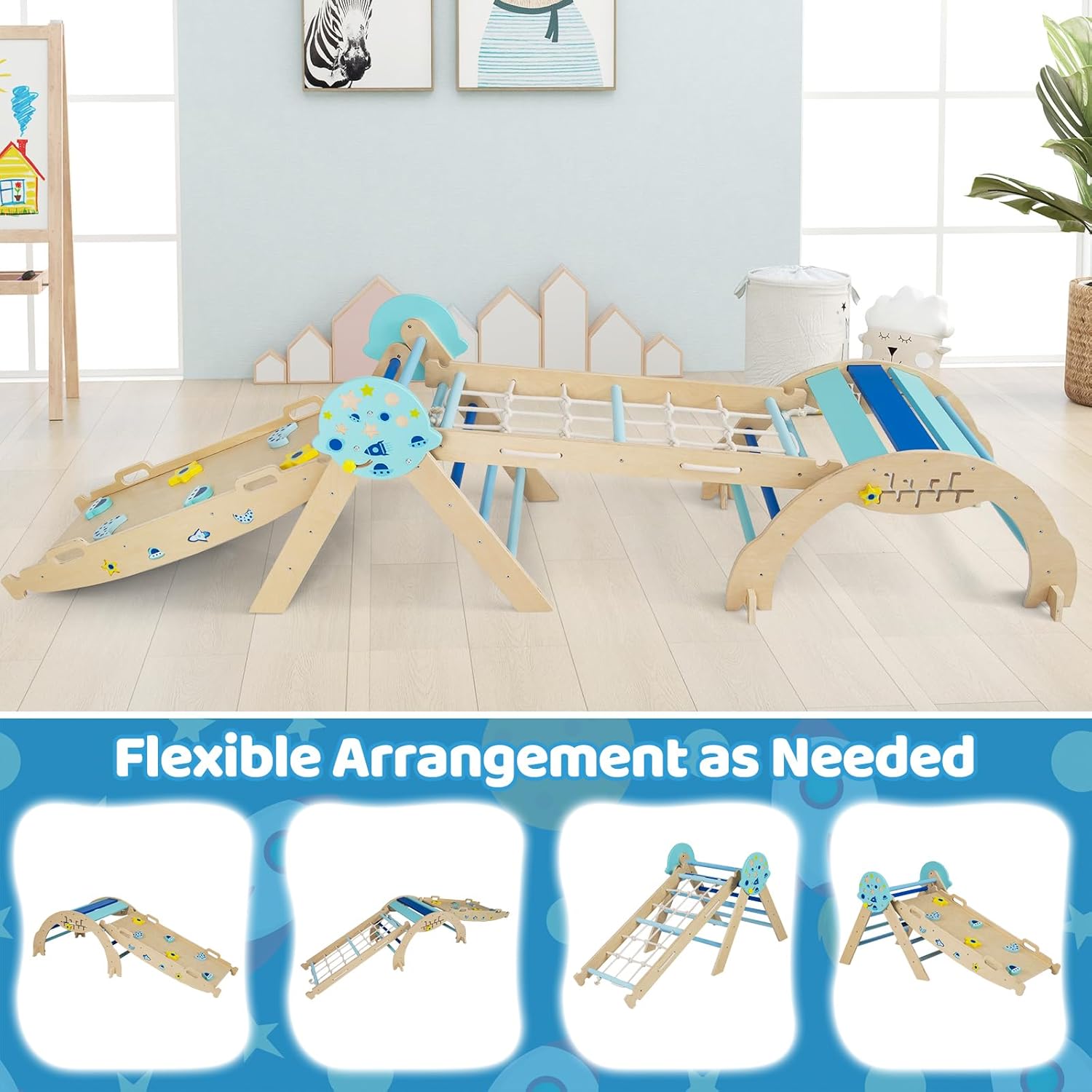Costzon Pikler Triangle Set, 9-in-1 Foldable Baby Climbing Toys, Wood Montessori Climbing Set for Learning and Motor Skills, Indoor Playground Jungle Gym for Toddlers 3+ Climber Gifts (Blue)
