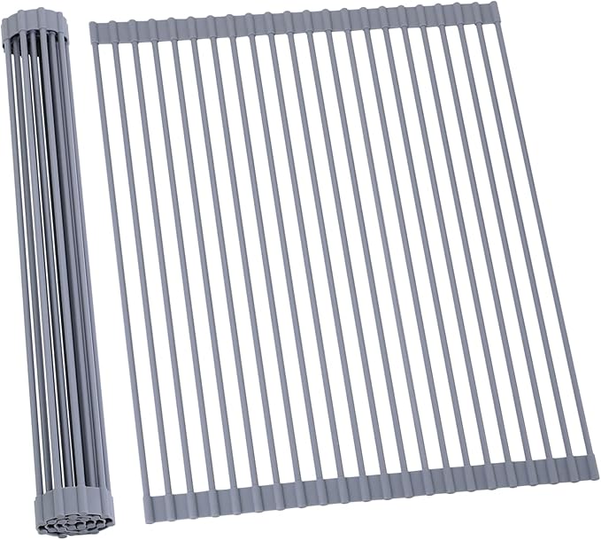 Ohuhu Roll Up Dish Drying Rack, Over The Sink Multipurpose Roll-Up Dish Racks, 16.5" W x 13" L Rolling Heat-Resistant Anti-Slip Silicone Coated Dish Drainer Portable Foldable for Kitchen Counter
