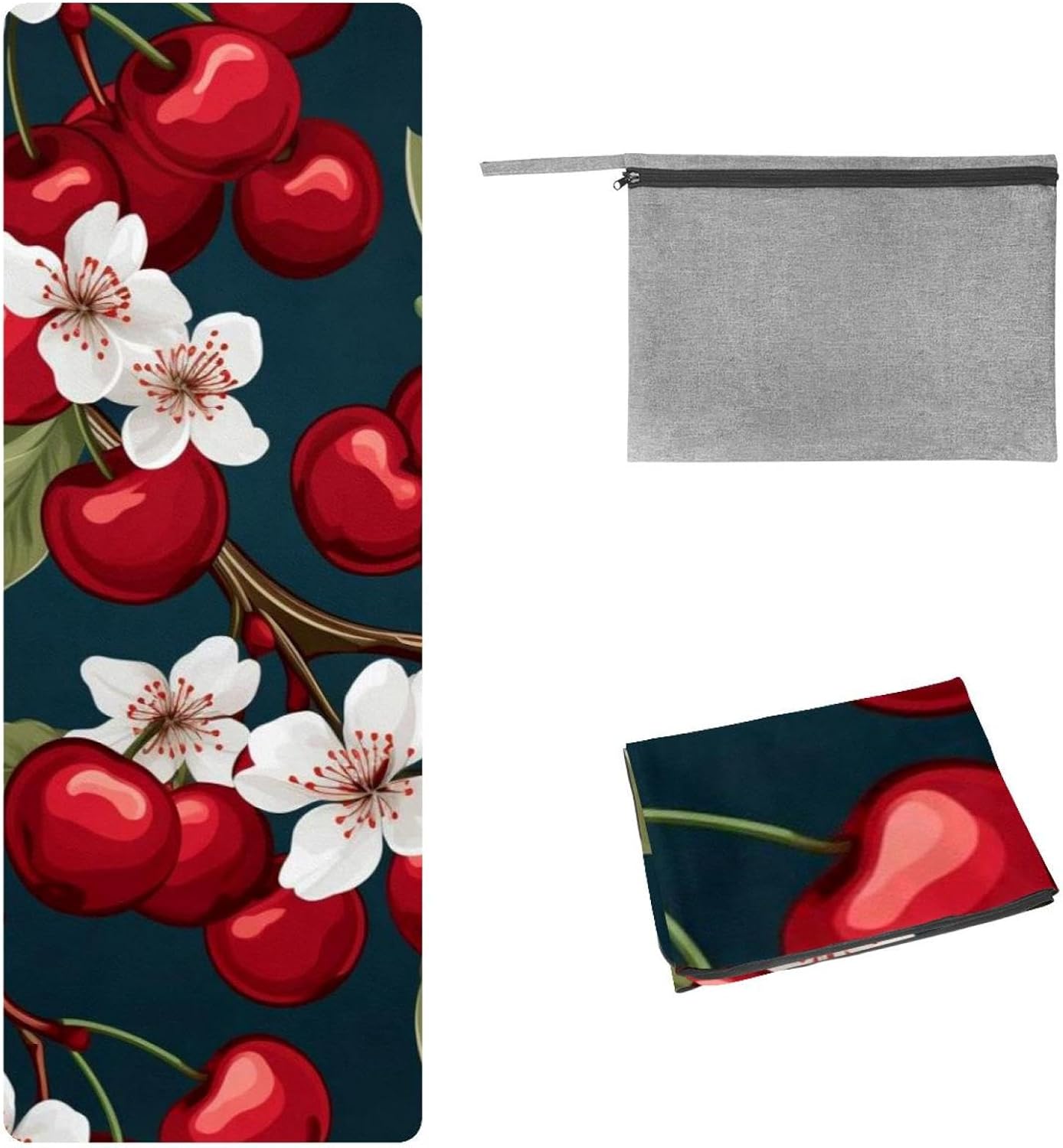 Yoga Towel, Cherry Pattern Non Slip Sweat Absorbent Hot Yoga Mat Towel for Hot Yoga, Pilates and Fitness - 72.8" x 26.8"