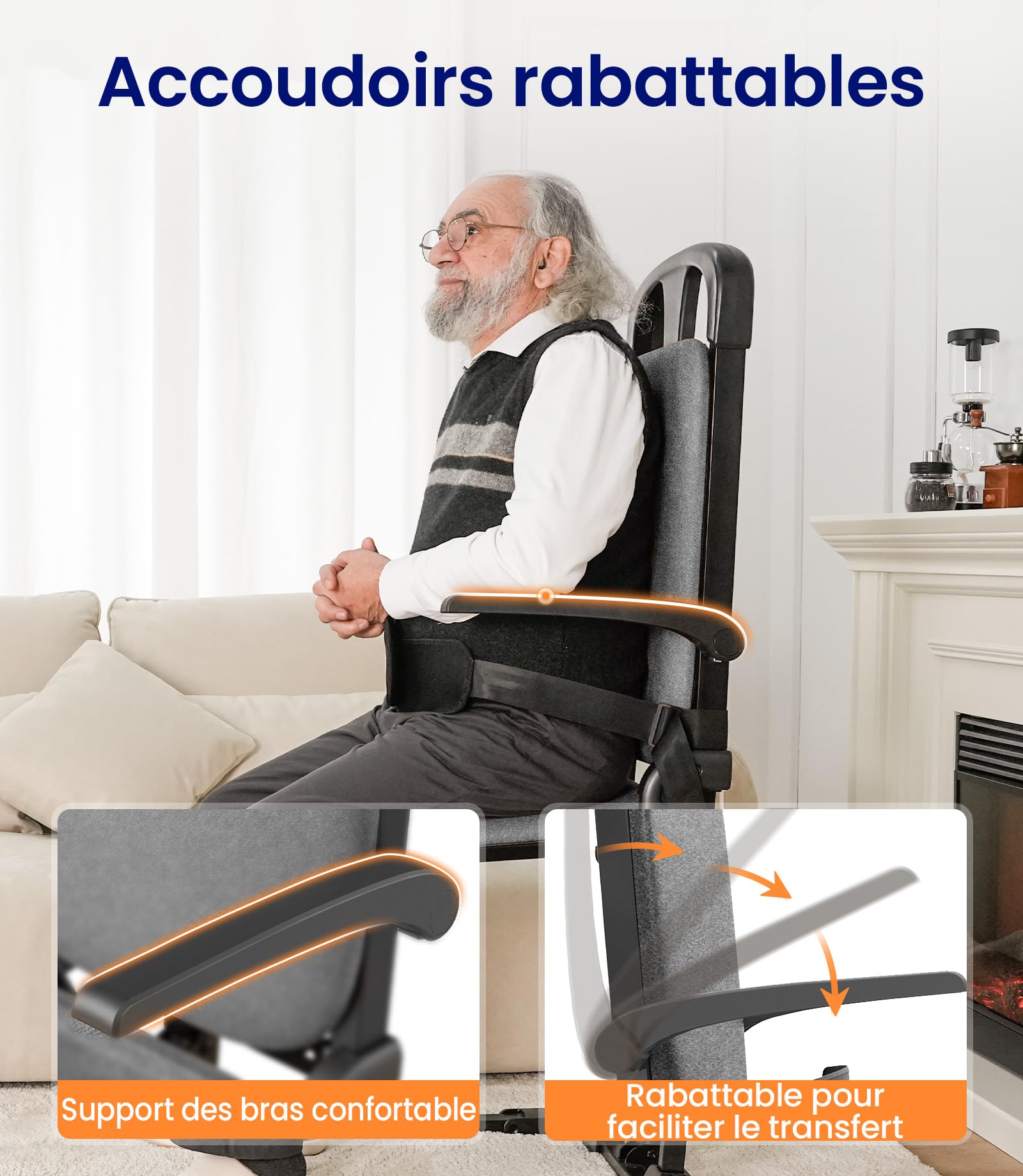 VOCIC AX15 Fauteuil releveur électrique 200 kg, Robuste et Pliable | Senior autonomie maison, aide relevage chute, transfert lit fauteuil roulant, cadre acier mousse mémoire cuir orange
