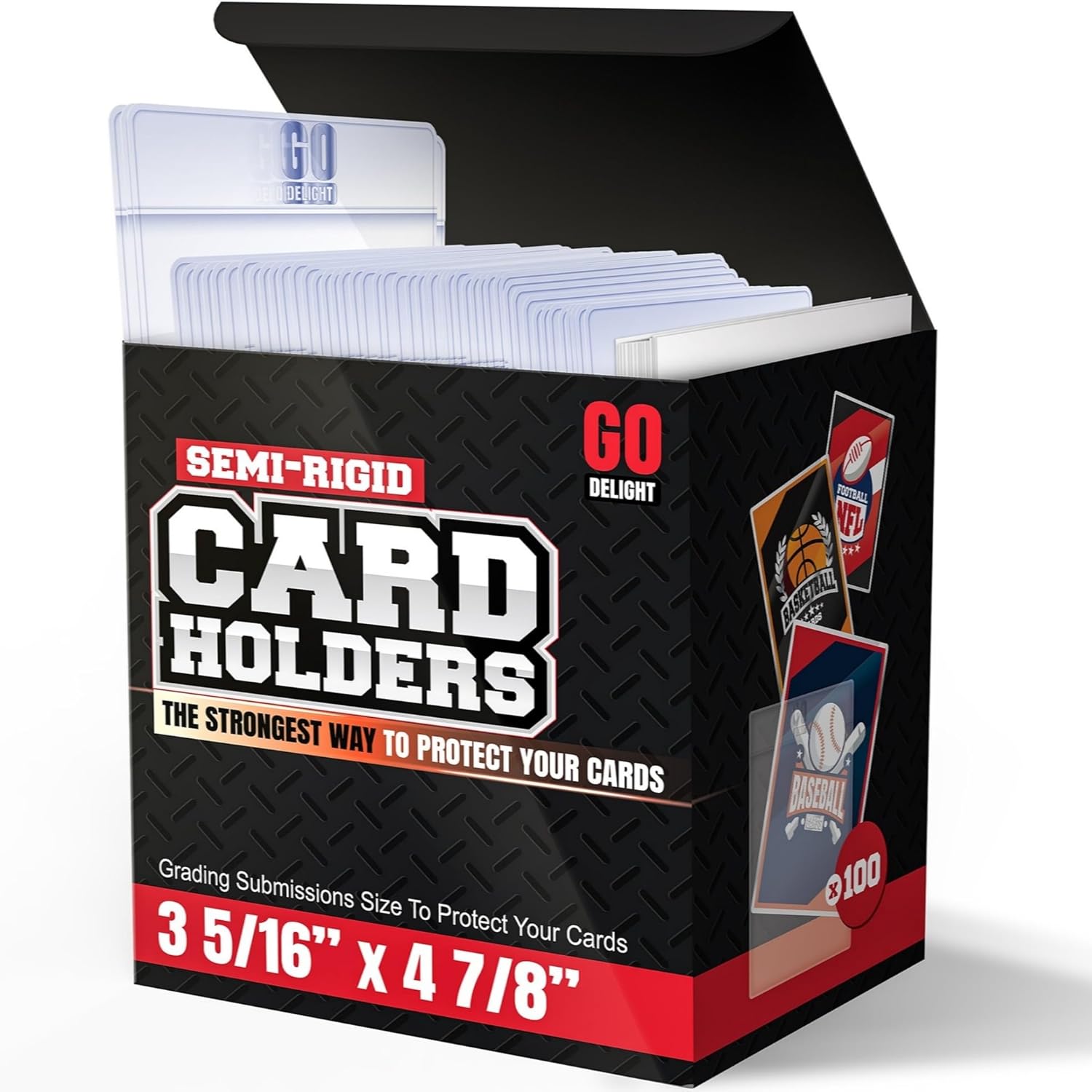 Semi Rigid Card Holders for PSA, SGC, BGS, CSG Grading – 200 Bundle - Baseball Card Sleeves - 100 Card Holders for Trading Cards + 100 Soft Sleeves – 3-5/16” x 4-7/8” with 1/2” Lip