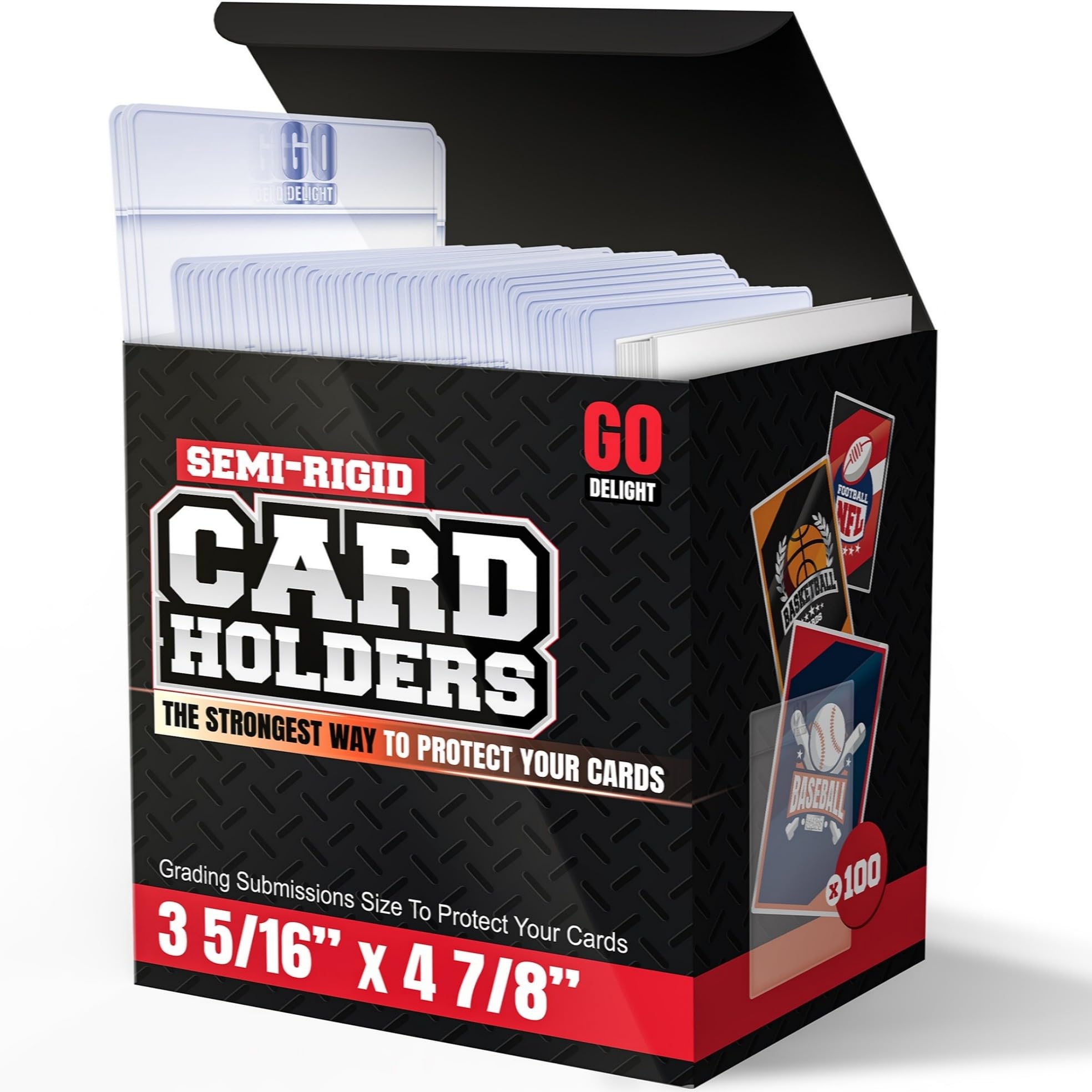 Semi Rigid Card Holders – 200 Bundle - 100 Card Holders for Trading Cards and 100 Soft Sleeves for PSA, SGC, BGS, CSG - Baseball Card Sleeves - 3-5/16" x 4-7/8" Including 1/2" Lip
