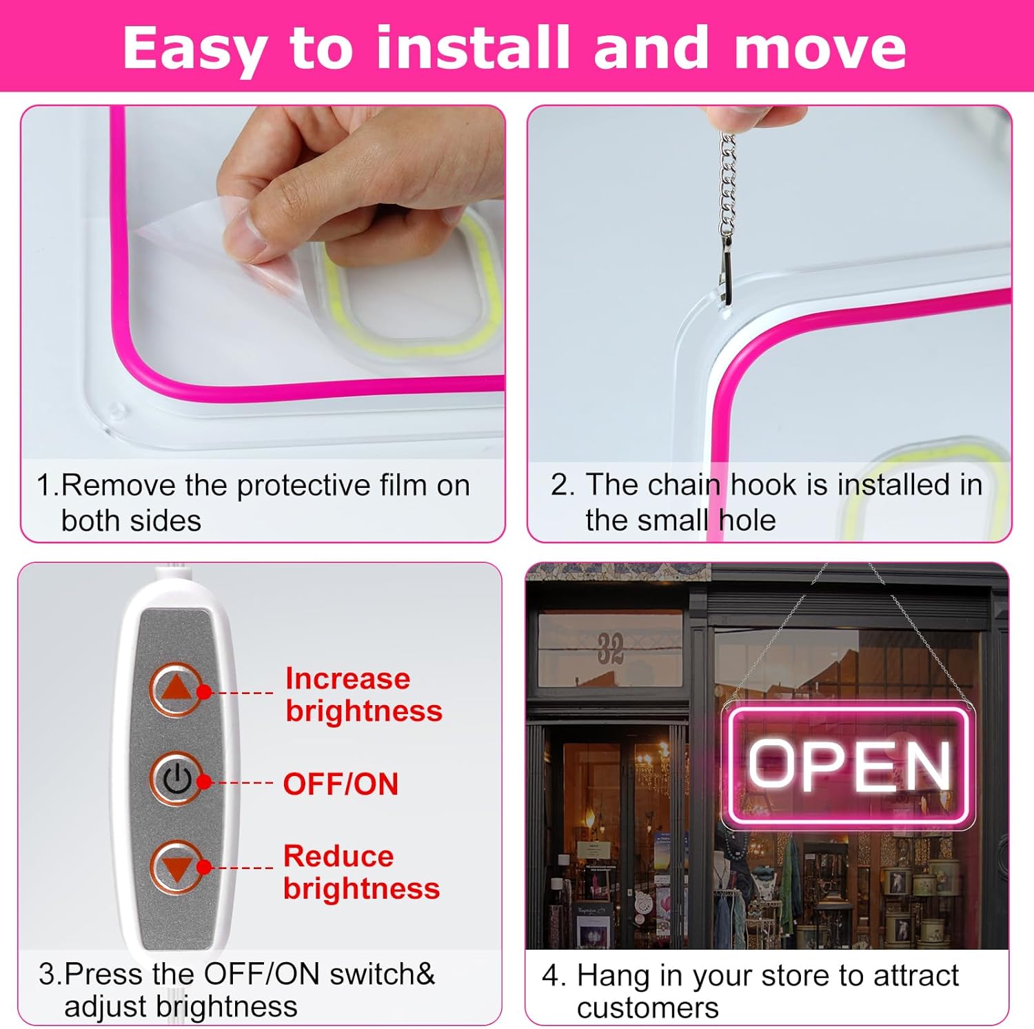 inShareplus 16"x 9" Dimmable Neon Open Sign for Business, Open Signs By USB with ON/OFF, Ultra Bright Sign Open for Stores, Restaurants Offices Shops Window (Pink-White) - Image 6