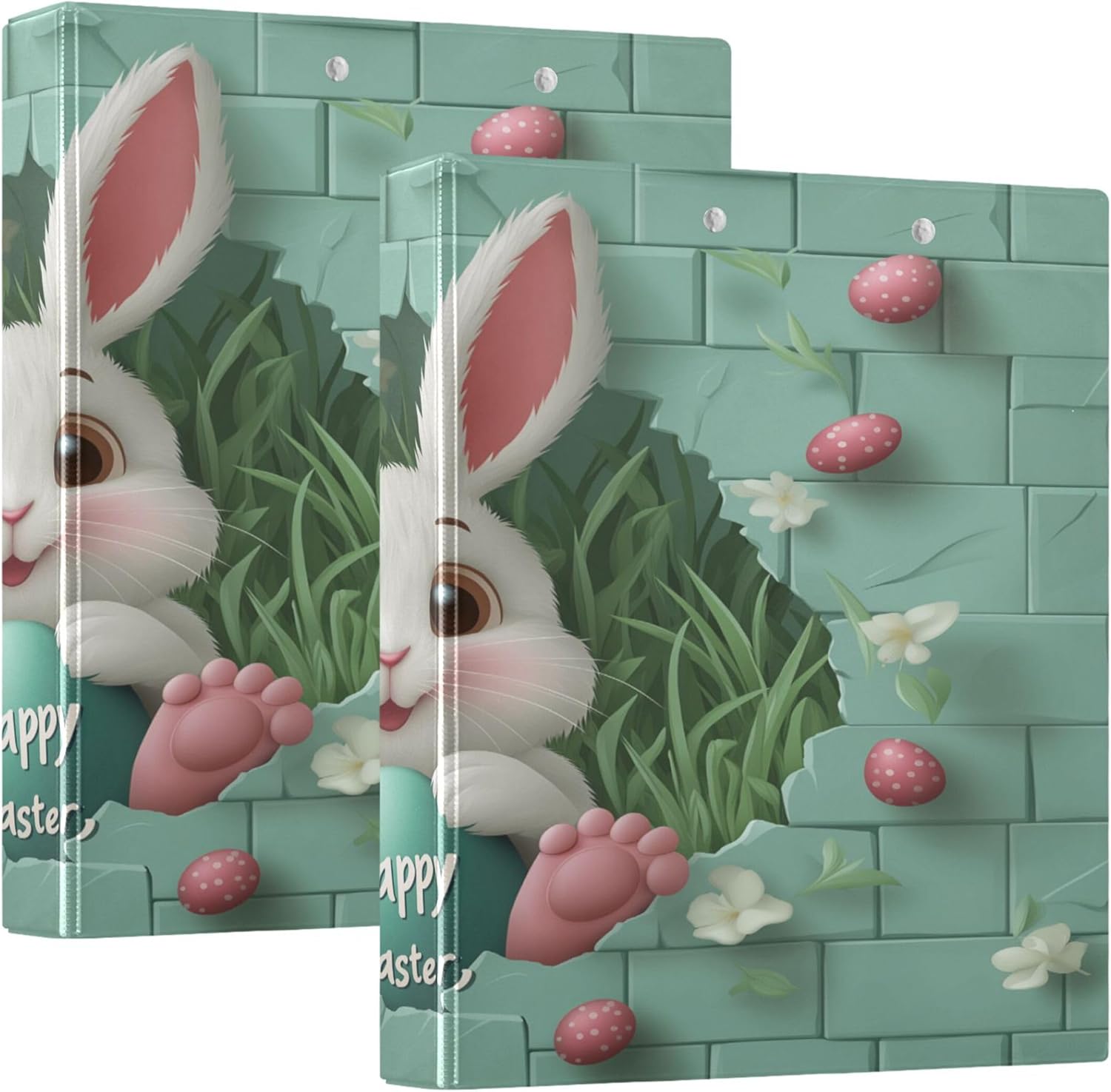 Happy Easter Bunny 3 Ring Binders, 1.5” Round Ring Binders with Clipboard - Letter Size, 3 Interior PVC Clear Pockets & Anti-Slip Clip for Office School Supplies, 2PCS