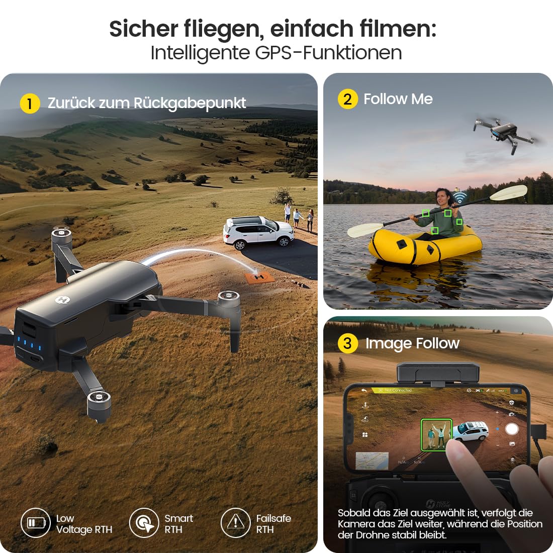 Holy Stone GPS Drohne mit 40 Min Flugzeit (2 Akkus), 4K Kamera, Auto-RTH, 5GHz WiFi bis 3000 m, unter 249g, faltbar, ideal für Outdoor & Einsteiger, C0