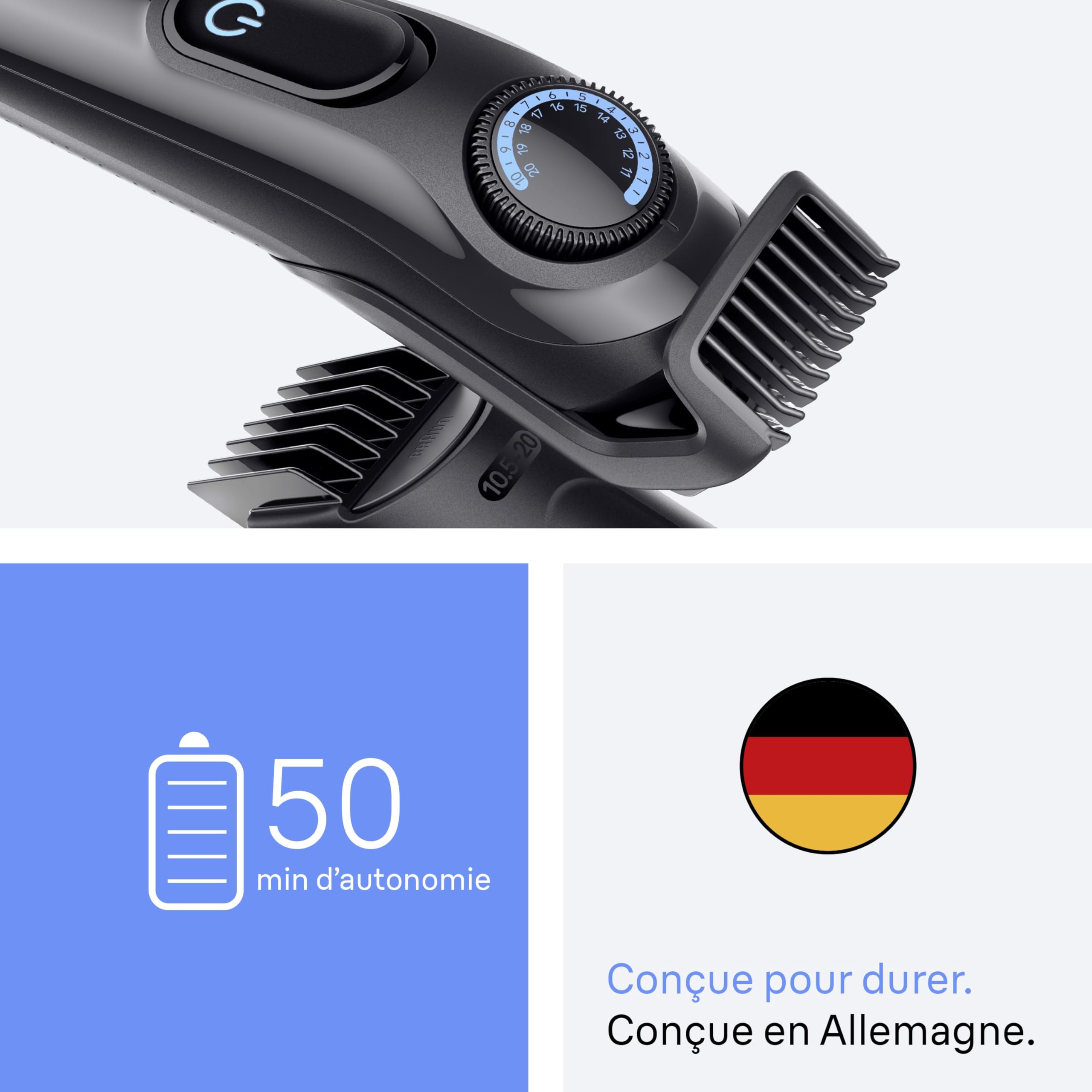 Braun Tondeuse Barbe Homme Series 3 BT3520, Noir et Bleu – Batterie Rechargeable, sans Fil, 40 Longueurs, Lame Affutée, Coffret avec +3 Outils de Barbier