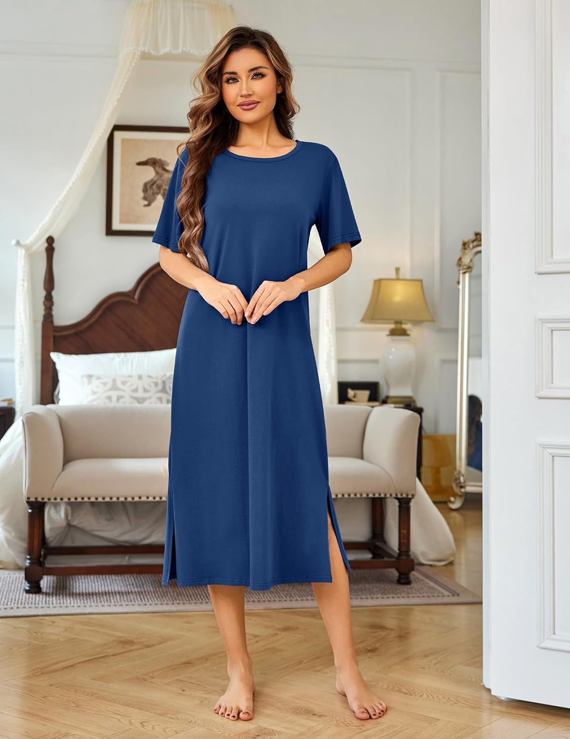 Ekouaer Cotton Nightgown for Women Long Sleepshirts Short Sleeve Full Length Nightshirt Casual Loungewear - Image 4