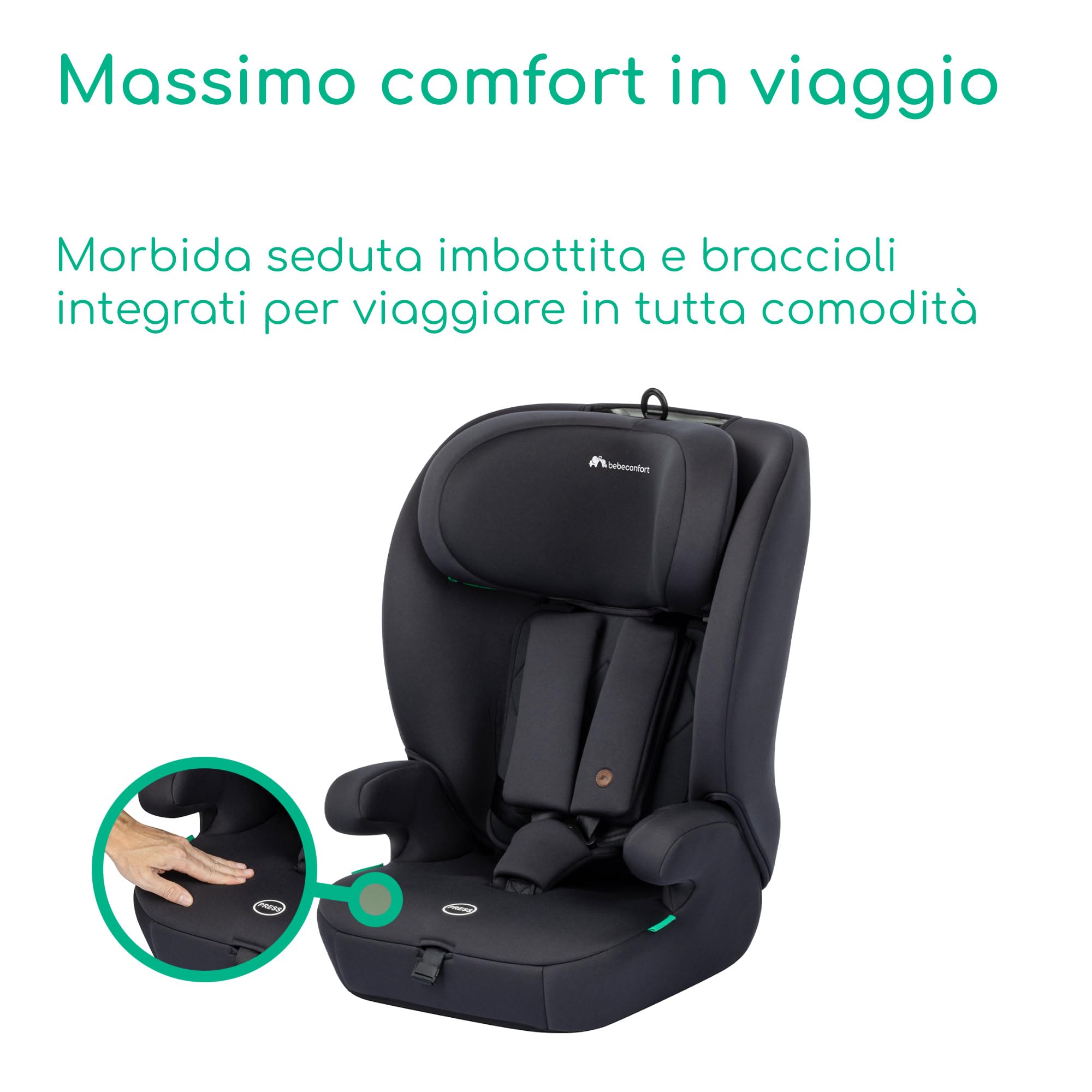 Bebeconfort Ever i-Safe, Seggiolino Auto 9-36 kg, 15 Mesi-12 Anni, 76-150 cm, Sicurezza R129, Protezione dagli impatti laterali, Poggiatesta 11 Posizioni, Braccioli Integrati, Full Black