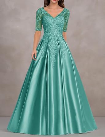 ISABUFEI Satin Mother of Bride Dresses - Long Formal Dress for Women with Lace Applique and Half Sleeves