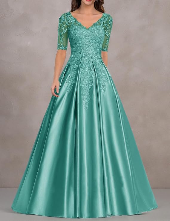 ISABUFEI Satin Mother of Bride Dresses - Long Formal Dress for Women with Lace Applique and Half Sleeves
