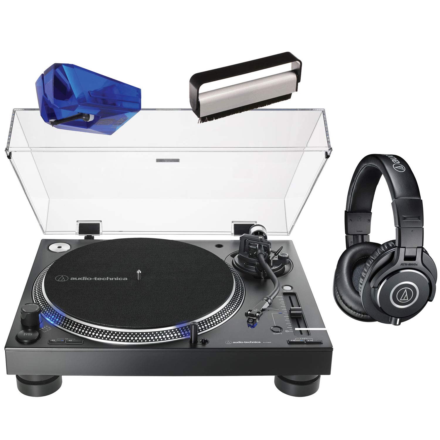 Audio Technica AT-LP140XP Direct-Drive Professional DJ Turntable - Black with ATN-XP3 Replacement Stylus, ATH-M40x Headphones and Vinyl Brush Cleaner