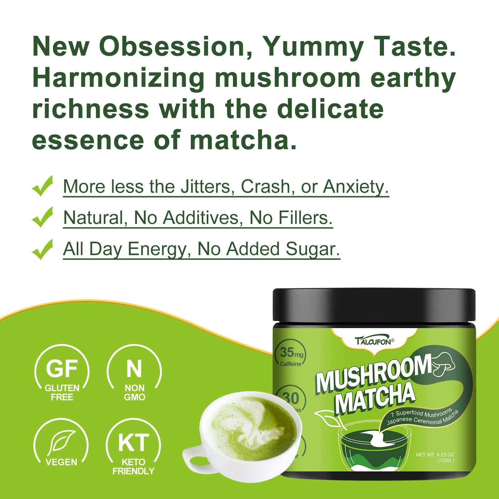 TALCUFON Mushroom Matcha 4 23 Oz Japanese Ceremonial Matcha Blend 7 Superfood Mushrooms All Natural Gluten Free Taste — view 3