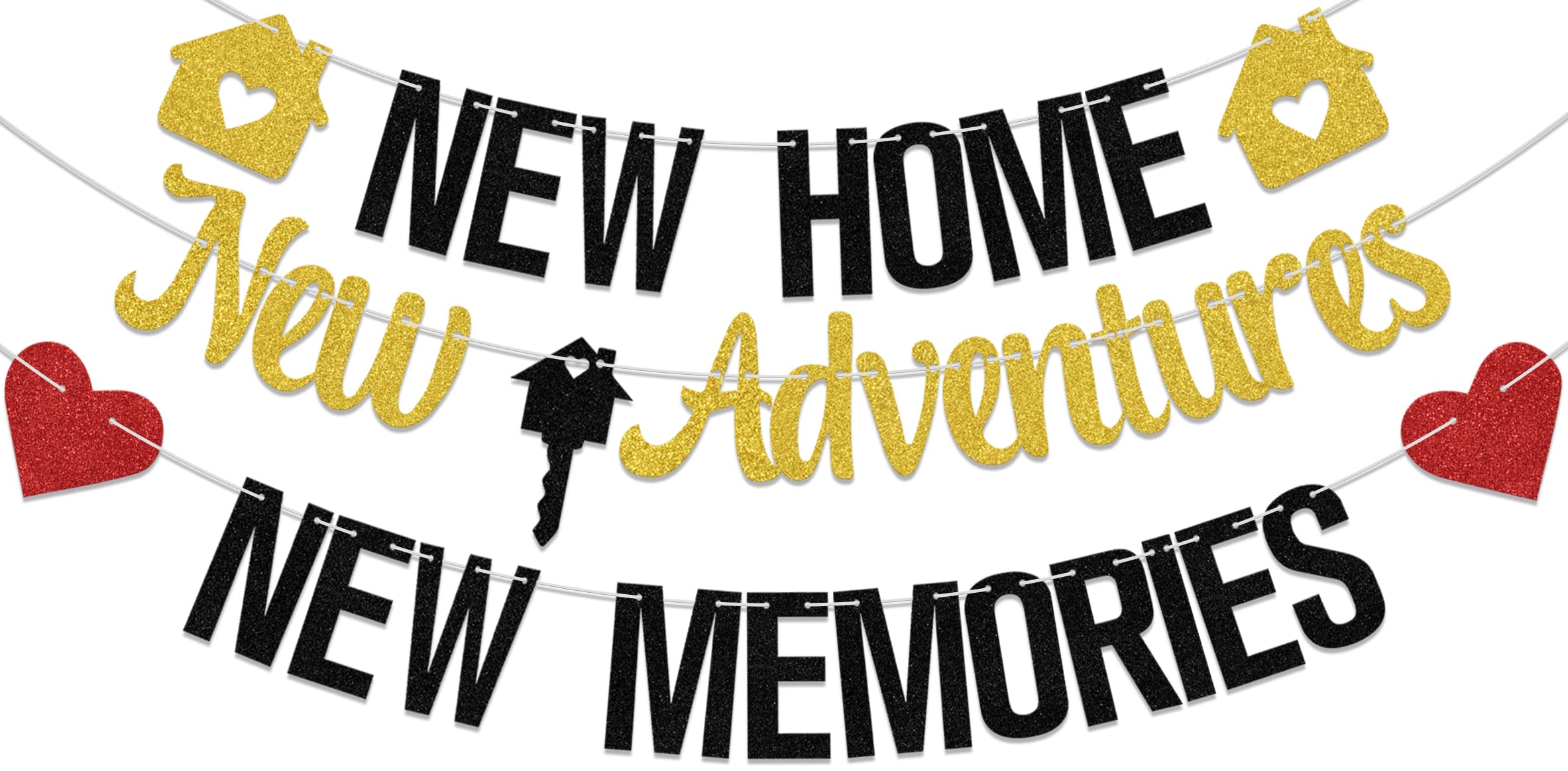 New Adventures New Memories Banner - Housewarming Decorations, Welcome Home Party for Family & Friends - Black Glitter