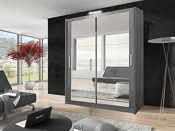 GSW Bedroom Furniture Modern Full 2 and 3 Mirror Sliding Door Wardrobe With Shelves And LED Light, Hanging Rail 100CM, Gray
