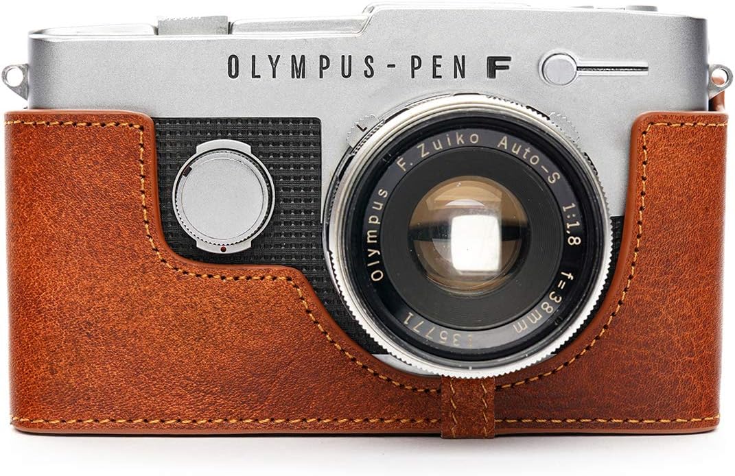 Pen-FT Case, BolinUS Handmade Genuine Real Leather Half Camera Case Bag Cover for Olympus Pen-FT Film Camera with Hand Strap (Green)