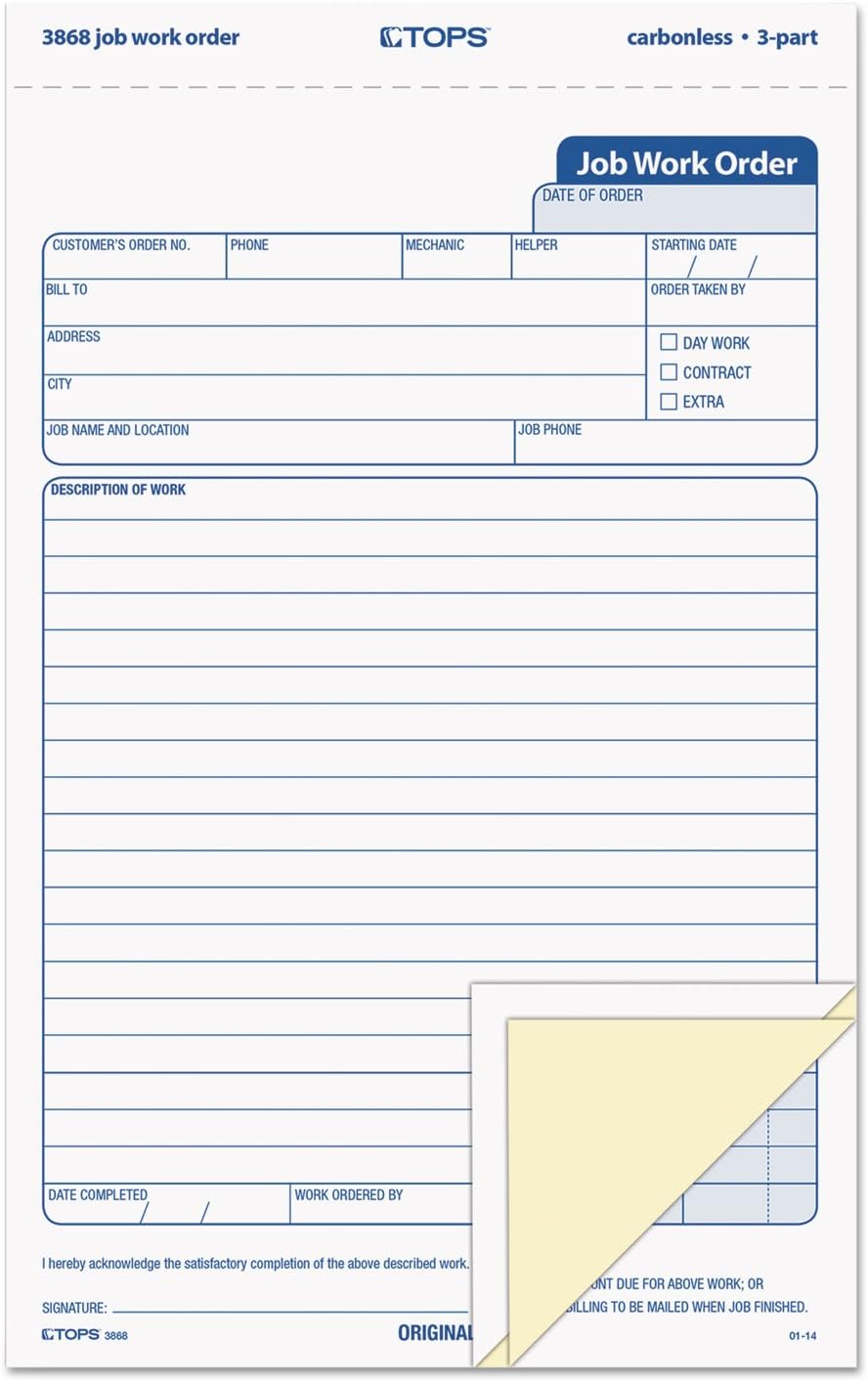 TOPS 3868 Snap-Off Job Work Order Form, 5 2/3" x 8 5/8", Three-Part Carbonless (Pack of 50 Forms)