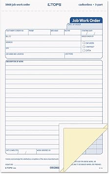 TOPS 3868 Snap-Off Job Work Order Form, 5 2/3" x 8 5/8", Three-Part Carbonless Pack of 50 Forms