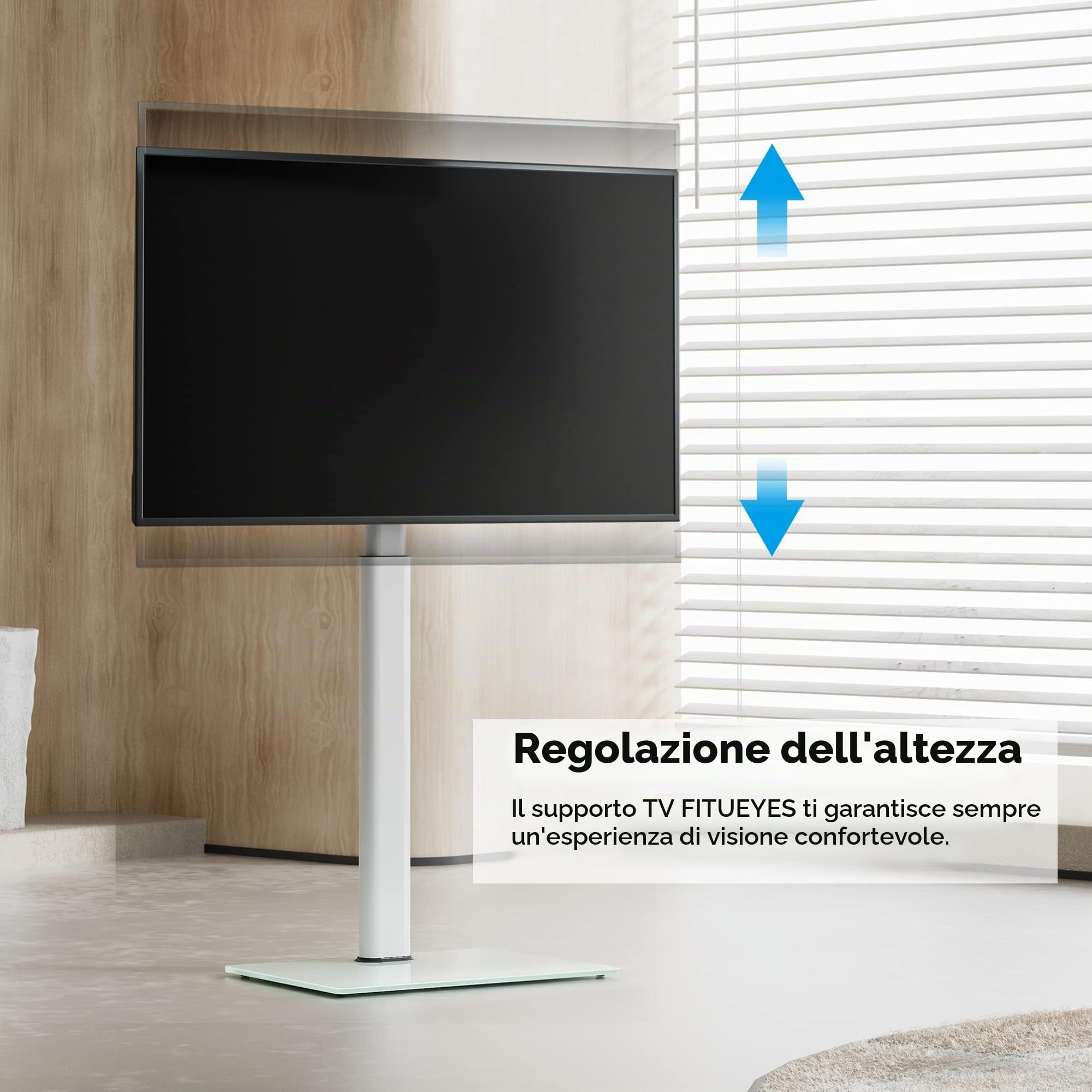 FITUEYES Supporto TV da Pavimento per 19-42 43 Pollici, 30° Inclinabile / 70° Girevole / 16 Altezze Regolabili Porta TV da Terra, Max VESA 200x200 mm Portata 35kg Bianco