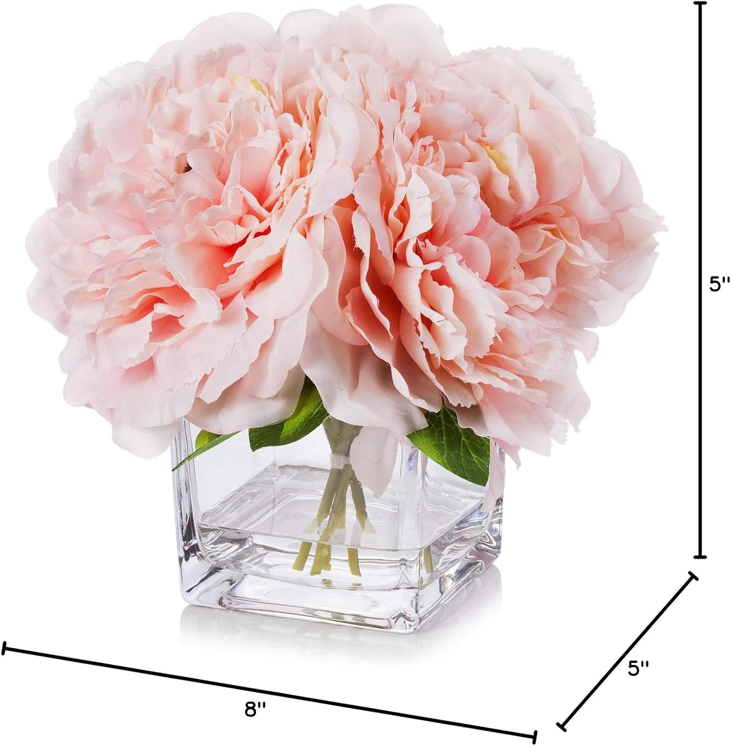 Enova Home Artificial Peony Flowers Arrangements in Cube Glass Vase with Faux Water for Home Table Wedding Centerpiece Decor (Pink)
