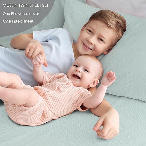 Miniatura 6 de Juego de sábanas bajeras de muselina de algodón, tamaño individual XL, suave y transpirable, 2 piezas (1 sábana bajera, 1 funda de almohada) de