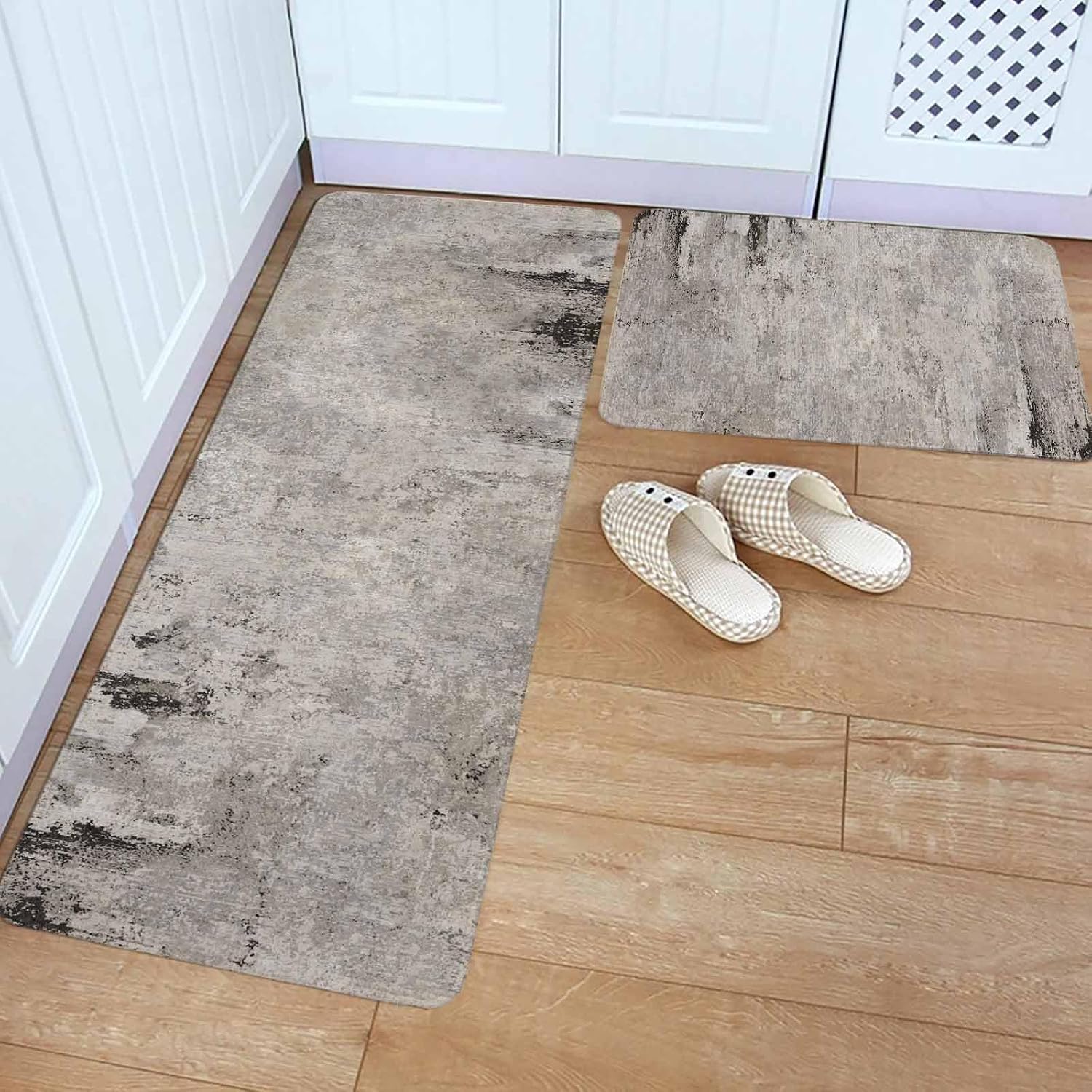 Gray Brown Kitchen Rugs and Mats Set of 2, Non-Slip Kitchen Sink Mat, Vintage Shabby Texture Making Old Washable Doormat Bathroom Rugs Runner for Bedroom/Living Room 19.7"x23.6"+19.7"x47.2"