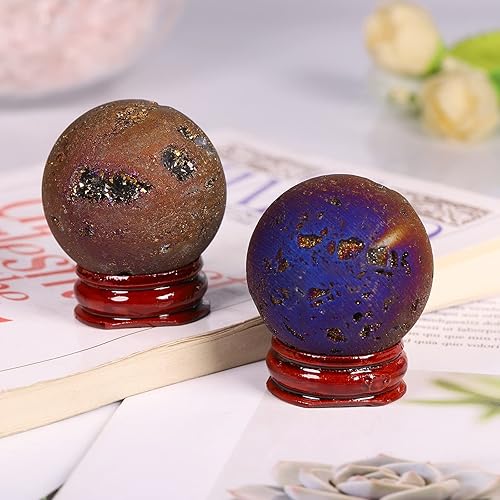 Miniatura 7 de Cheungshing Angel Aura - Esfera de geoda drusa de cuarzo con base de madera, esfera de ágata de cuarzo con revestimiento de titanio, estatua de