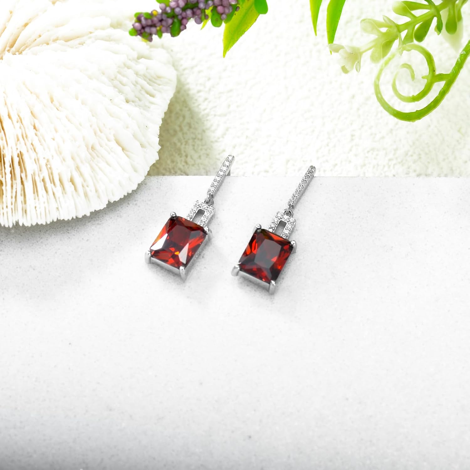 Red Garnet Earrings 925 Sterling Silver 10X8mm Emerald Cut Red Garnet Dangle Earrings For Women