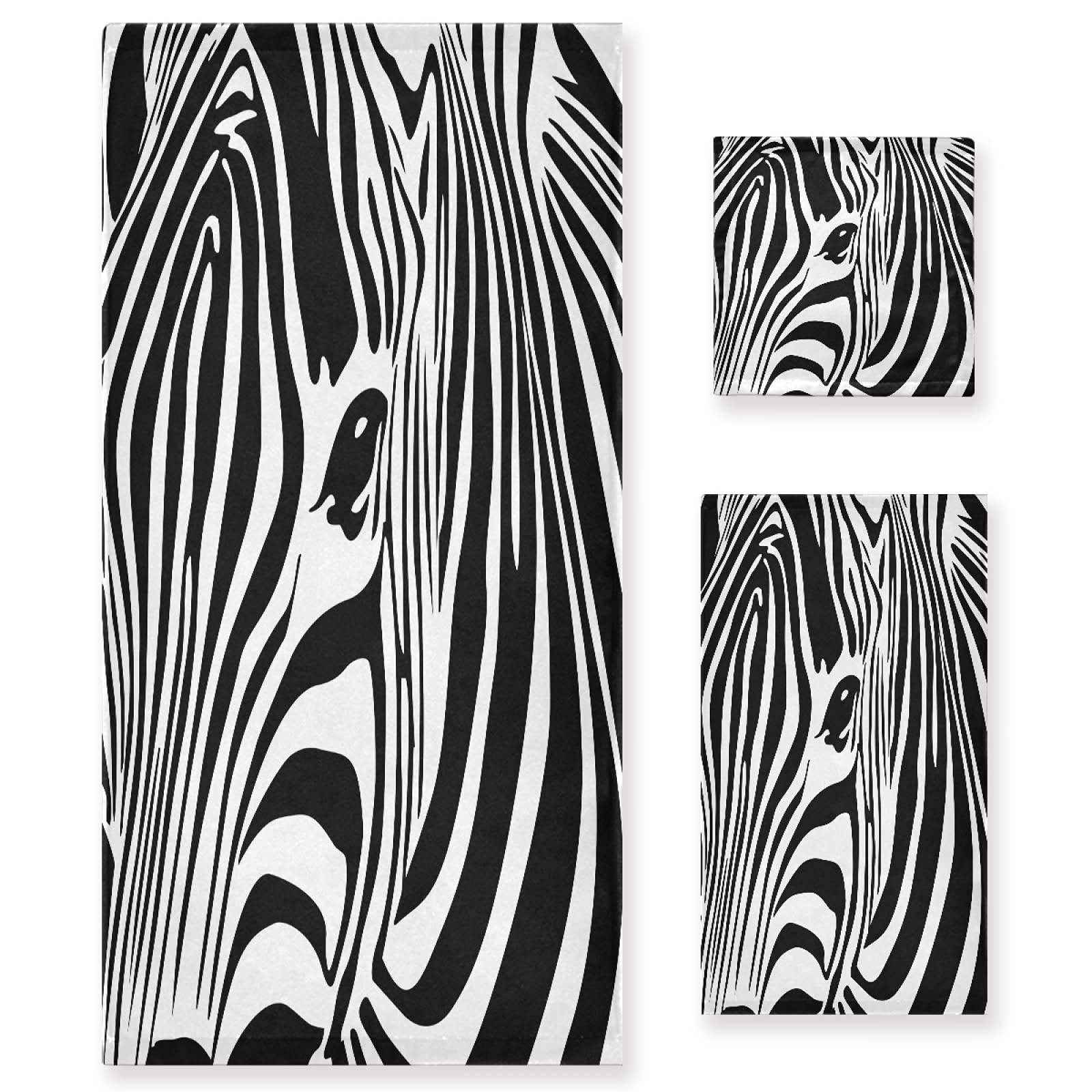 Mnsruu Zebra Striped Black White Soft 3 Piece Bath Towels Set for Bathroom Spa Hotel, 1 Bath Towel+ 1 Hand Towel+ 1 Washcloth