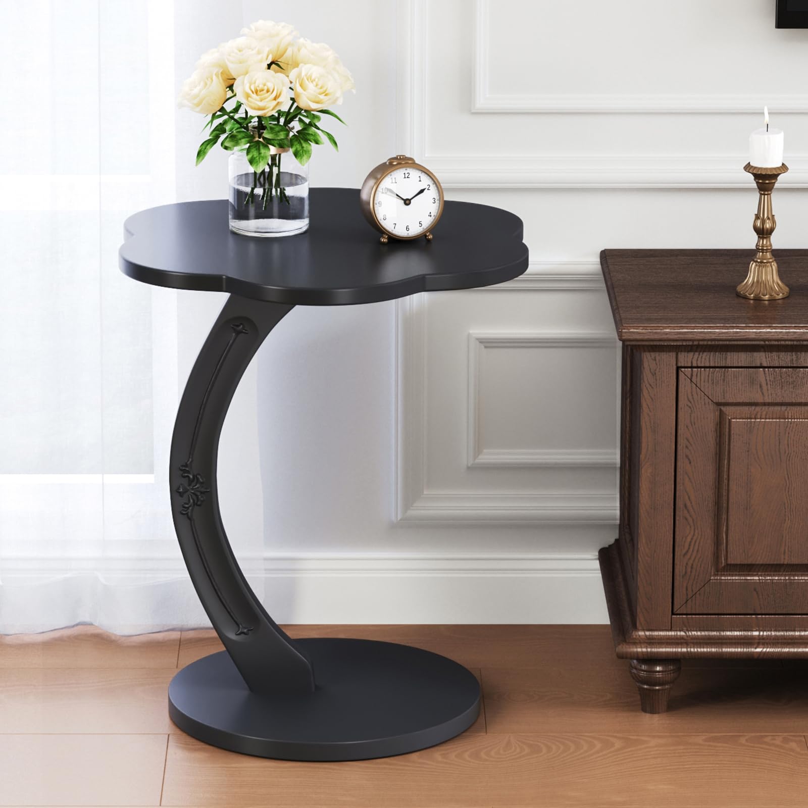 Uniclinens C-Shaped Solid Wood Round End Table - Side Table for Couch, Sofa Tables Slide Under Couch for Living Room, Small Nightstand for Small Space, Black