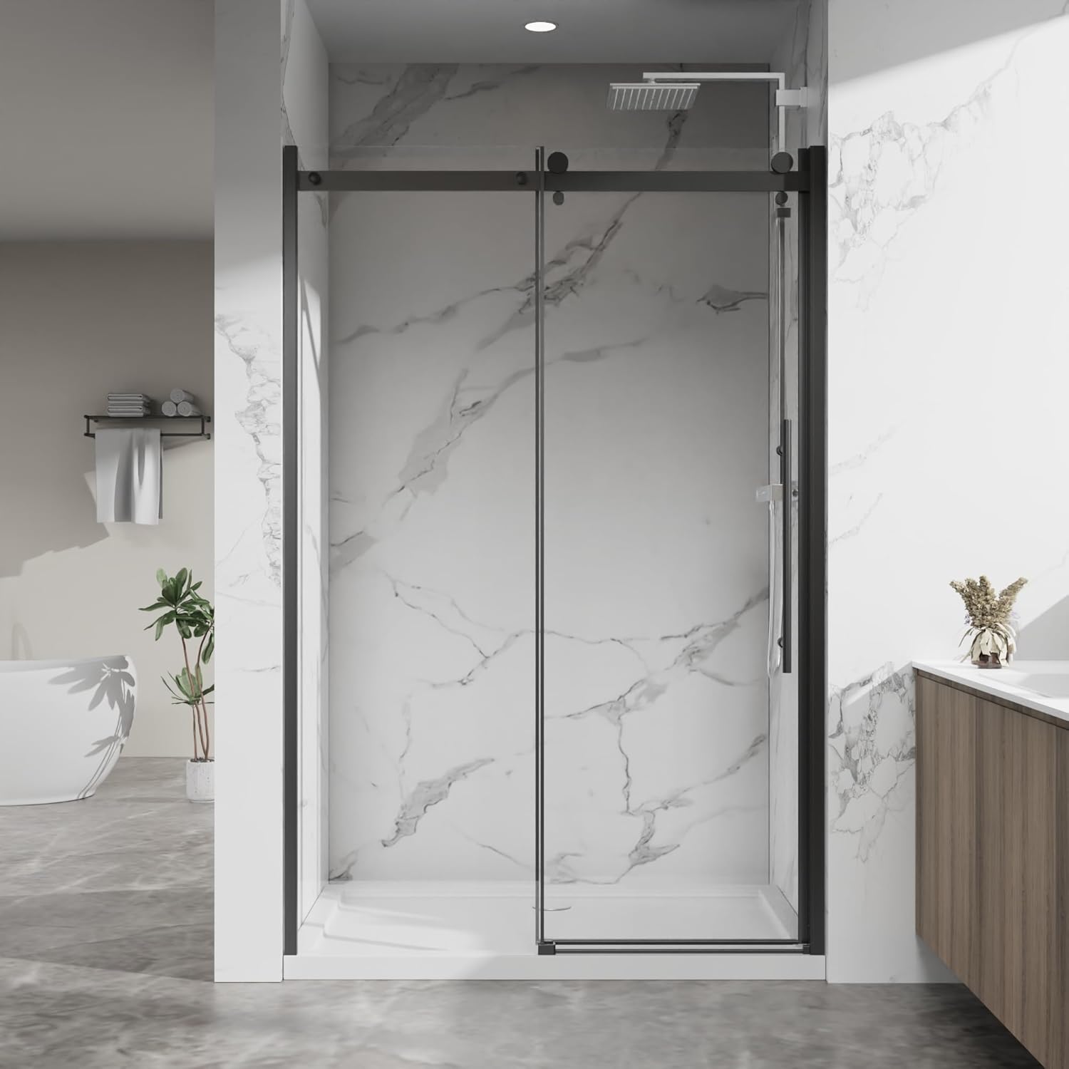 48.in W x 72.in H Frameless Shower Door Single Sliding, 1/4 inch Thick Clear Tempered Glass Shower Door with Zinc Roller Rail System, Stainless Steel Handle, Matte Black