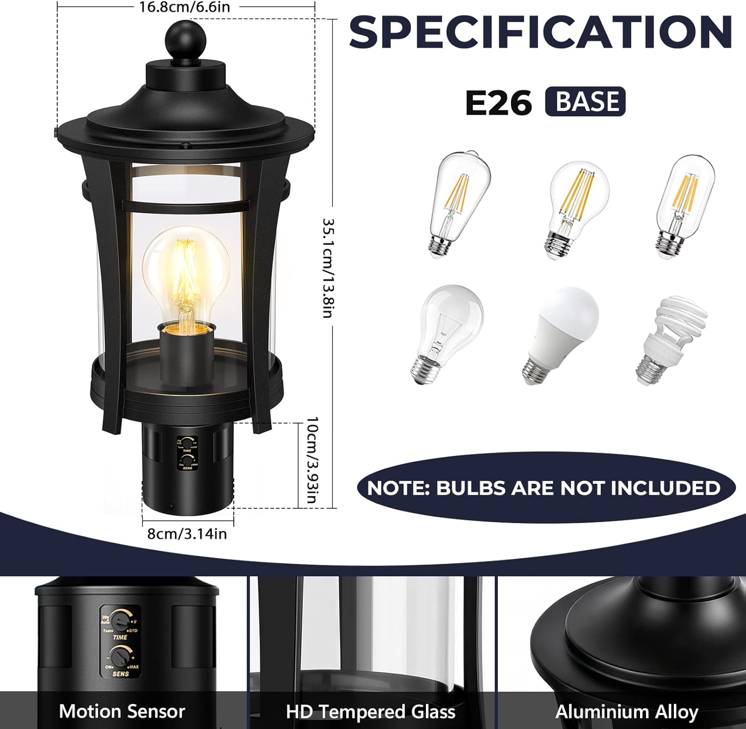 Lotsky Motion Sensor Outdoor Post Lights,360°Detection Dusk to Dawn Lamp Posts Light Fixture with 3 Modes,Black Aluminum Hardwired Outside Pole Lantern for Garden,Driveway,Patio,Waterproof,E26 Base