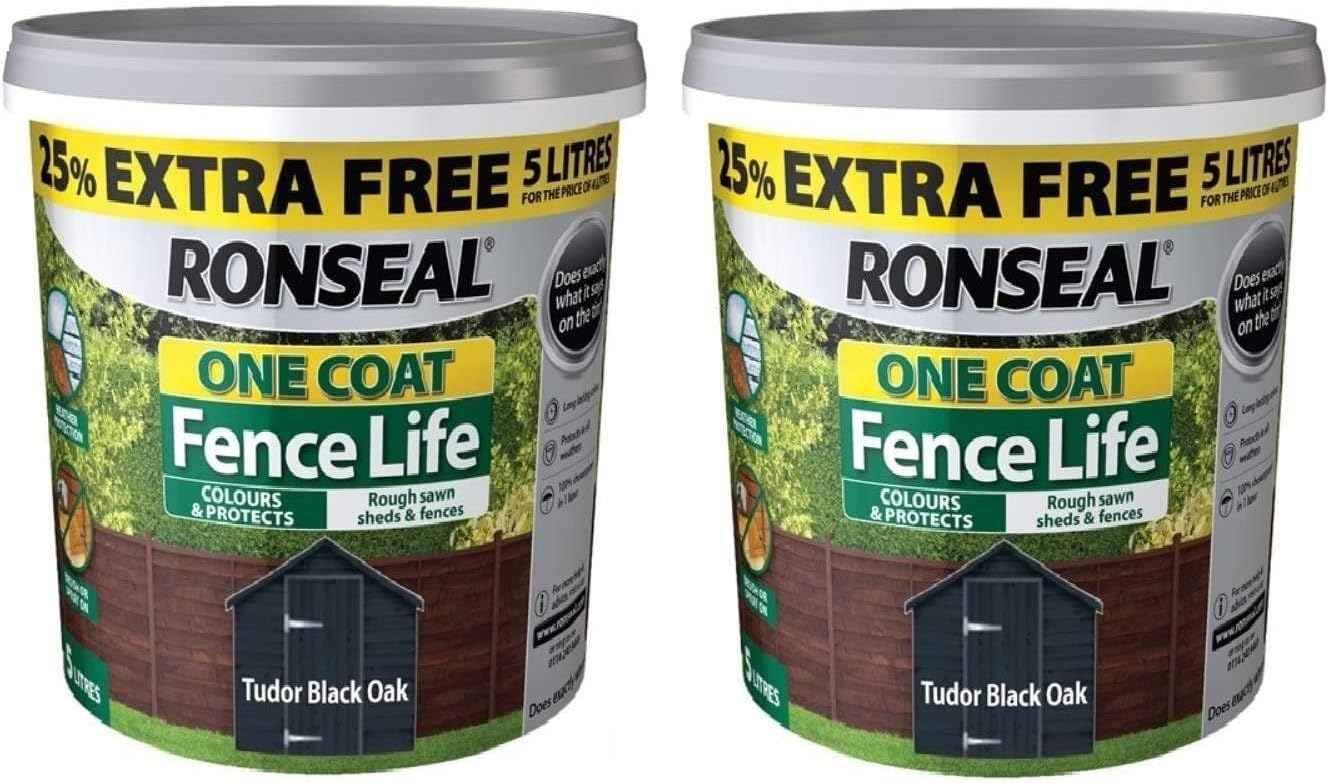 Ronseal 5L One Coat Fence Life Fence Paint Bundle Deal 2 for 49.99-2 x 5L tubs = 10L - Tudor Black